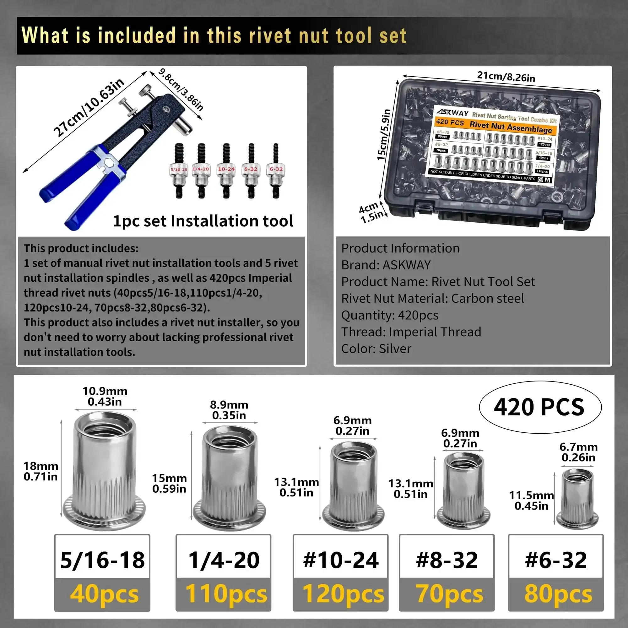 Rivet Nut Tool Kit With 420 Imperial Rivet Nuts In Sizes 6-32 8-32 10-24 1/4-20 And 5/16-18, Heavy Duty Rivnut Set For Furniture Automotive Marine And Industrial Projects, Manual Nutsert Tool For Quick, DIY Friendly, Durable Fastening - Image 5