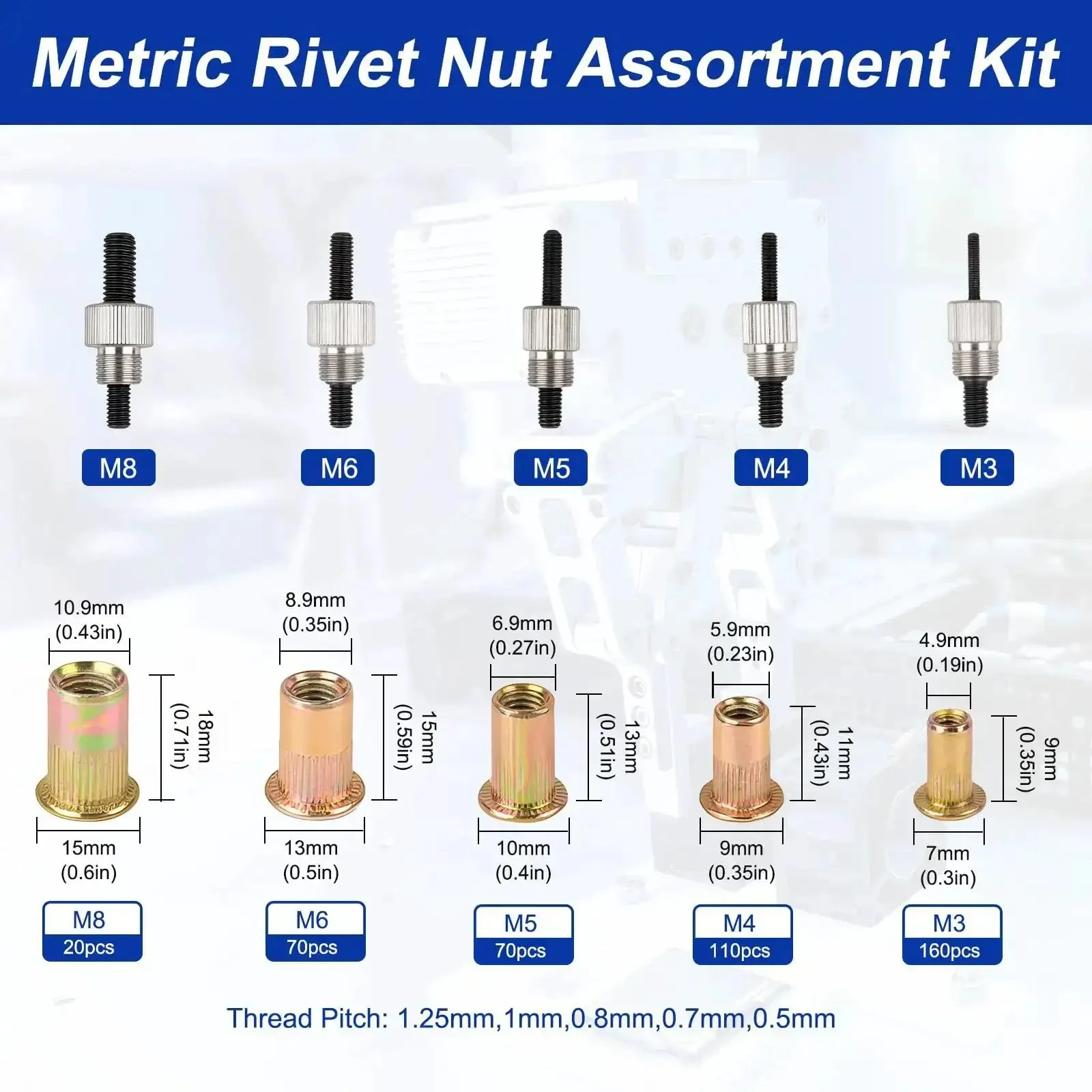 Rivet Nut Tool Kit With 430 Piece Metric Rivnuts Set M3 M4 M5 M6 M8, Rivnut Gun For Decoration Furniture And Industrial Projects, All In One Assortment For Quick And Easy Fastening And Repair - Image 5