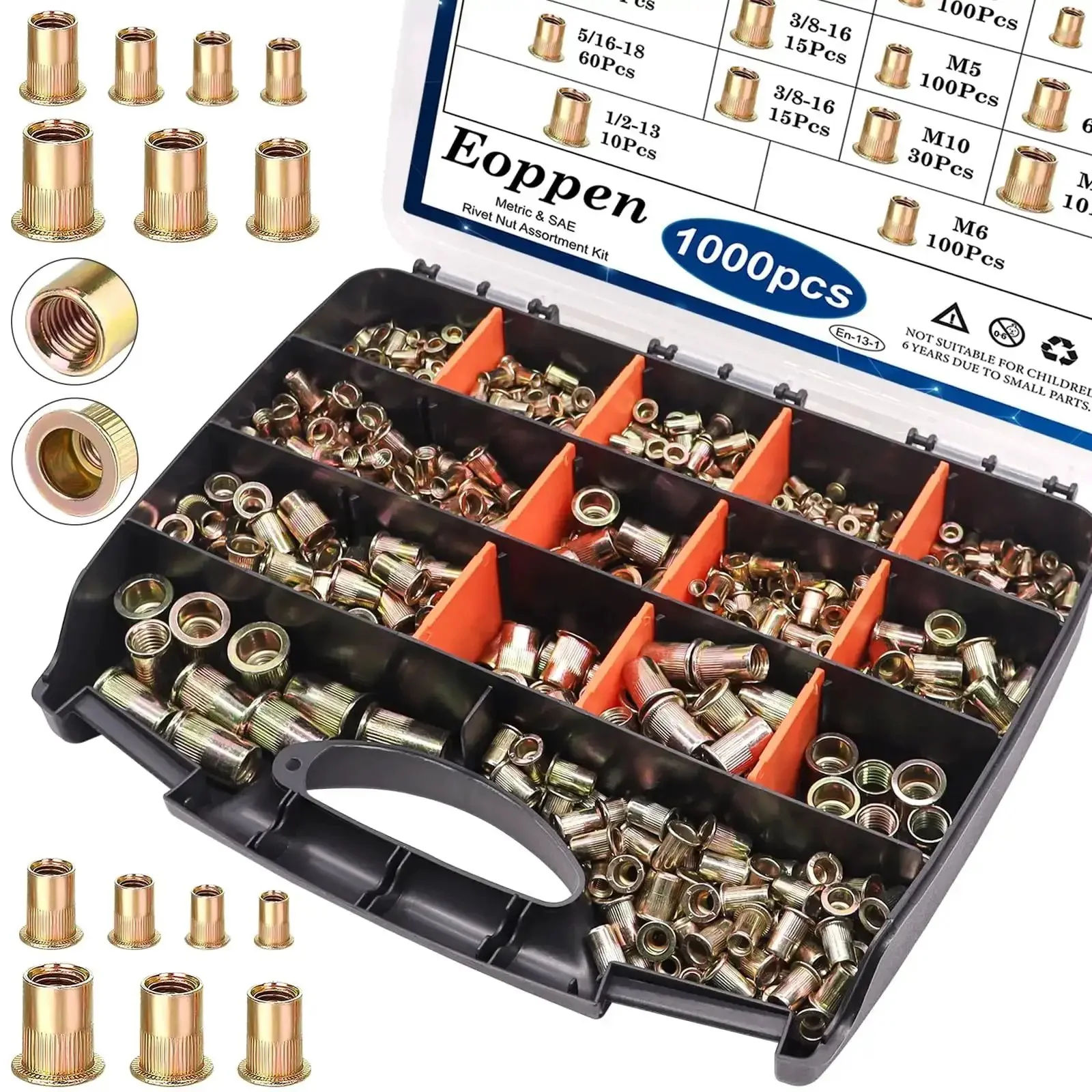 Rivet Nuts Set 1000Pcs SAE And Metric Nutserts With 14 Sizes Including 6-32 8-32 10-24 1/4-20 5/16-18 3/8-16 1/2-13 And M3 To M12 Zinc Plated Carbon Steel Flat Head For Fast Auto And Metal Repairs