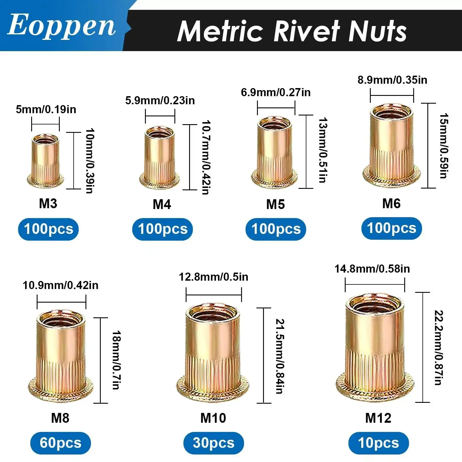Rivet Nuts Set 1000Pcs SAE And Metric Nutserts With 14 Sizes Including 6-32 8-32 10-24 1/4-20 5/16-18 3/8-16 1/2-13 And M3 To M12 Zinc Plated Carbon Steel Flat Head For Fast Auto And Metal Repairs - Image 4