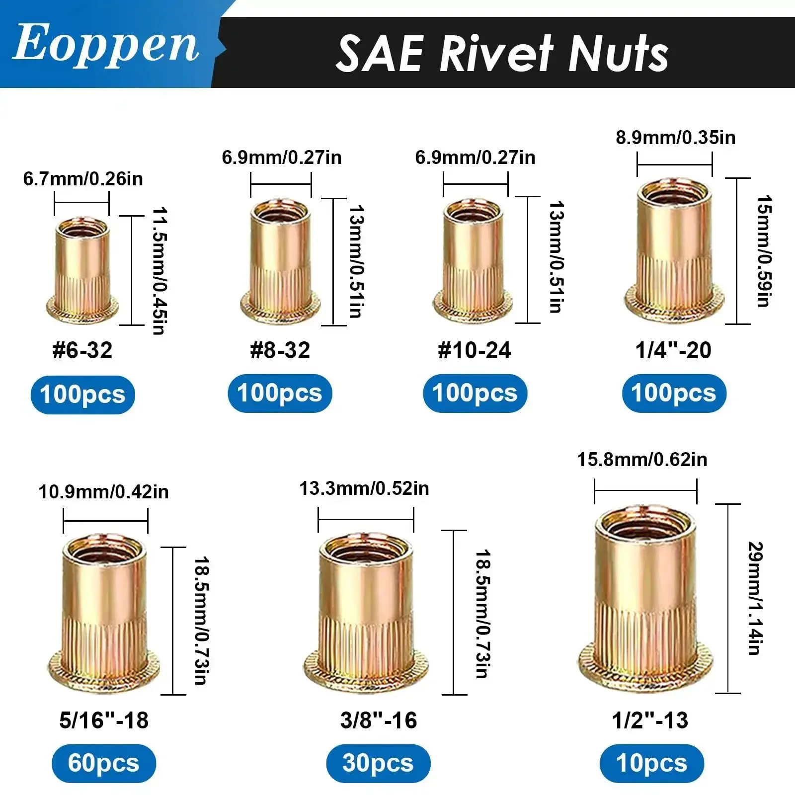 Rivet Nuts Set 1000Pcs SAE And Metric Nutserts With 14 Sizes Including 6-32 8-32 10-24 1/4-20 5/16-18 3/8-16 1/2-13 And M3 To M12 Zinc Plated Carbon Steel Flat Head For Fast Auto And Metal Repairs - Image 5