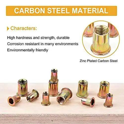 Rivet Nuts Set For DIYers 150 Pcs Carbon Steel With Yellow Zinc Finish Flat Head UNC SAE Sizes In Clear Box Includes 8-32, 10-24, 1/4-20, 5/16-18, 3/8-16 Rivet Nuts For Gearhead Projects Auto, Marine, And Home Repairs - Image 3