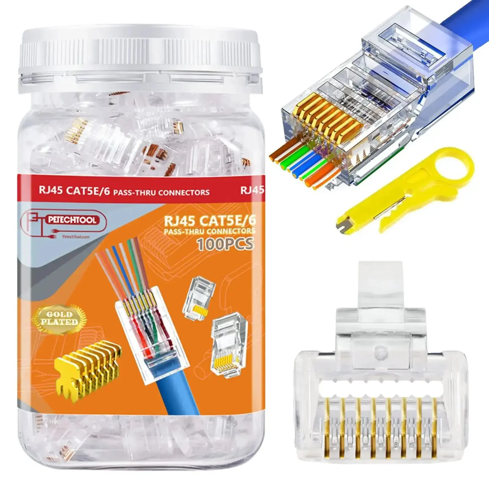 RJ45 Cat5/6 Pass Through Ethernet Connectors 8P8C Modular Plugs For Solid Or Stranded UTP Cable 24AWG No-Fuss Install Works With Any Pass Through Crimp Tool 100 Pack With Wire Stripper