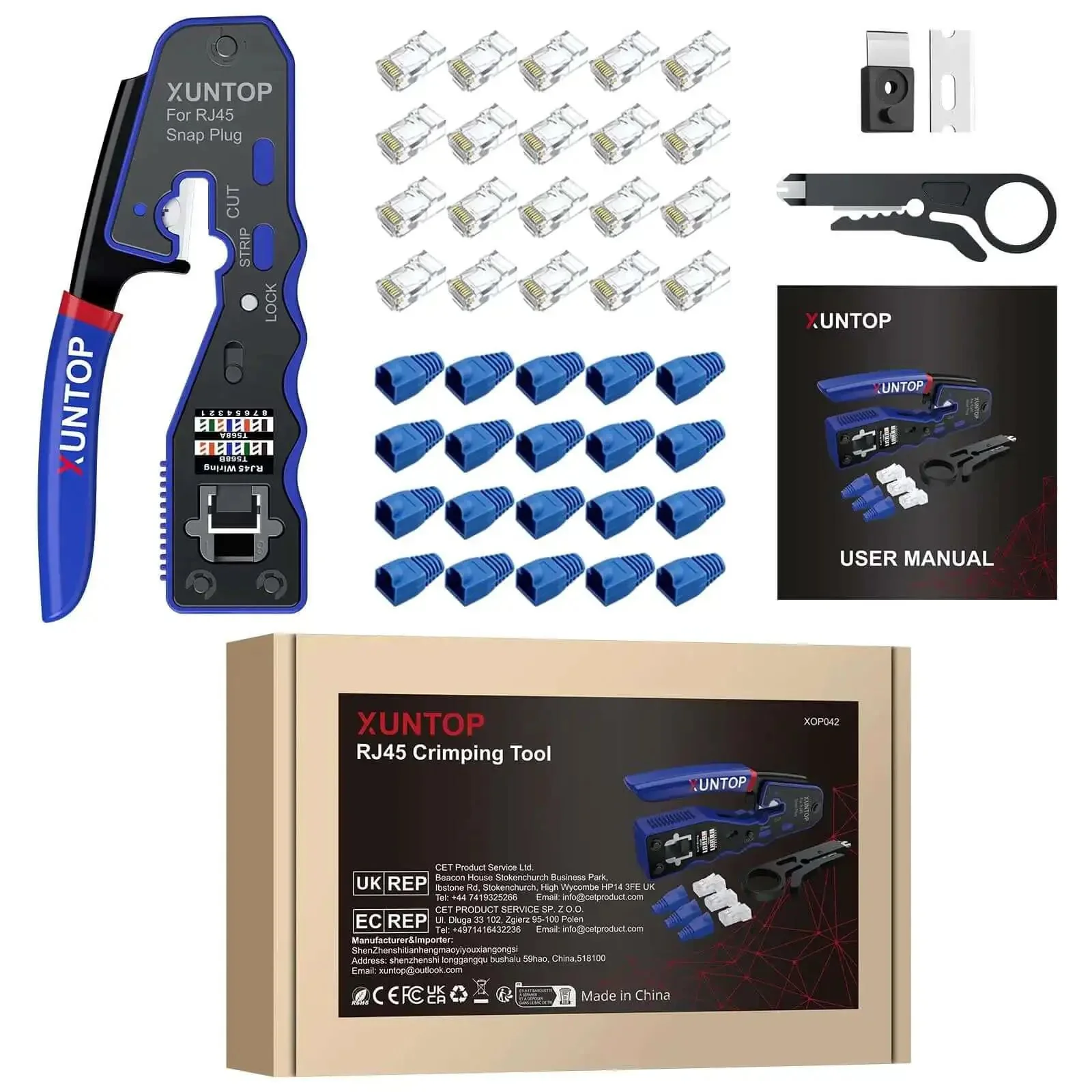 RJ45 Crimp Tool Kit For Cat5 Cat5e Cat6 Cat6a Ethernet With Pass Through Connectors One Step Crimping Kit Includes 20 Cat6 Pass Through Heads And 20 Blue Protection Covers Color Coded Wiring Guides For Fast DIY Network Install - Image 2