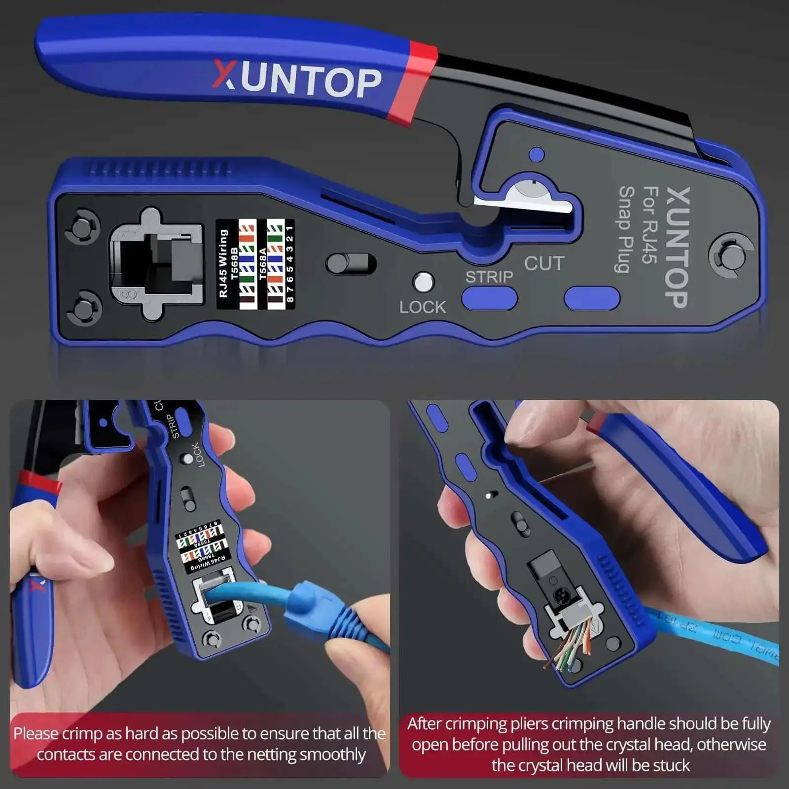 RJ45 Crimp Tool Kit For Cat5 Cat5e Cat6 Cat6a Ethernet With Pass Through Connectors One Step Crimping Kit Includes 20 Cat6 Pass Through Heads And 20 Blue Protection Covers Color Coded Wiring Guides For Fast DIY Network Install - Image 4