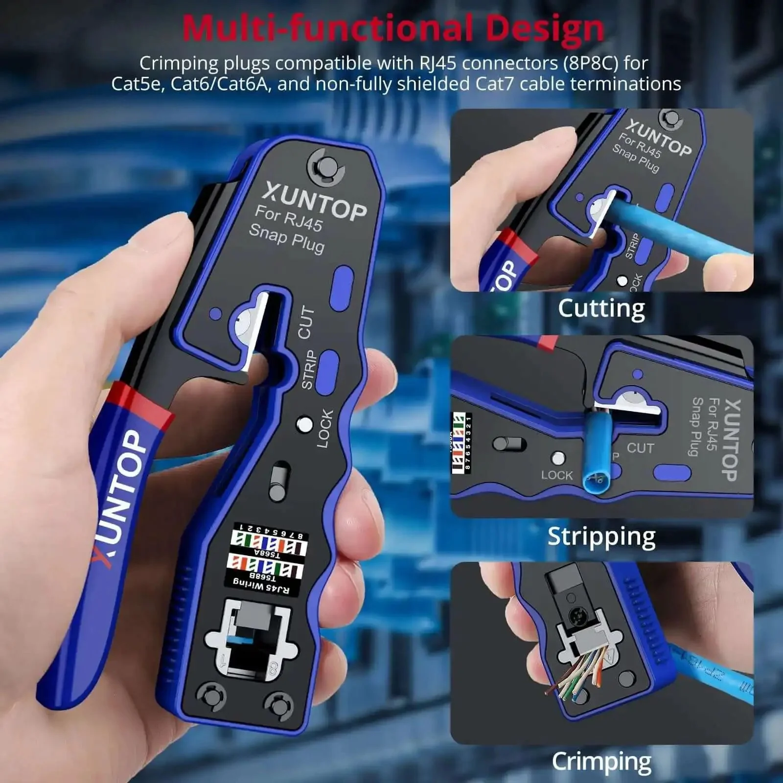 RJ45 Crimp Tool Kit For Cat5 Cat5e Cat6 Cat6a Ethernet With Pass Through Connectors One Step Crimping Kit Includes 20 Cat6 Pass Through Heads And 20 Blue Protection Covers Color Coded Wiring Guides For Fast DIY Network Install - Image 7