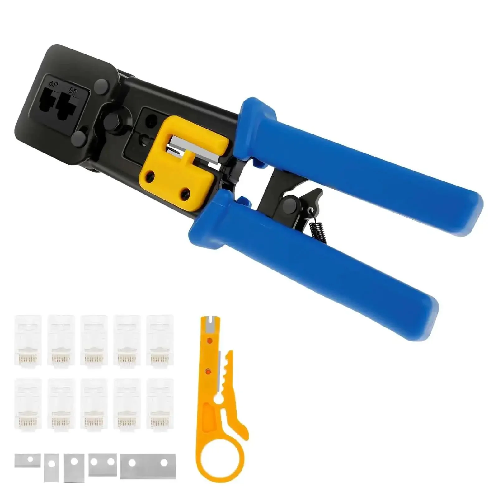 RJ45 Crimp Tool Set For Ethernet Cabling Pro Grade Workhorse Crimping Tool With Mini Wire Stripper Handles 6P 8P Crystal Heads RJ11 RJ45 Includes 10 Crystal Head Connectors And 5 Replacement Blades Blue Twenty One Point Nine Centimeters