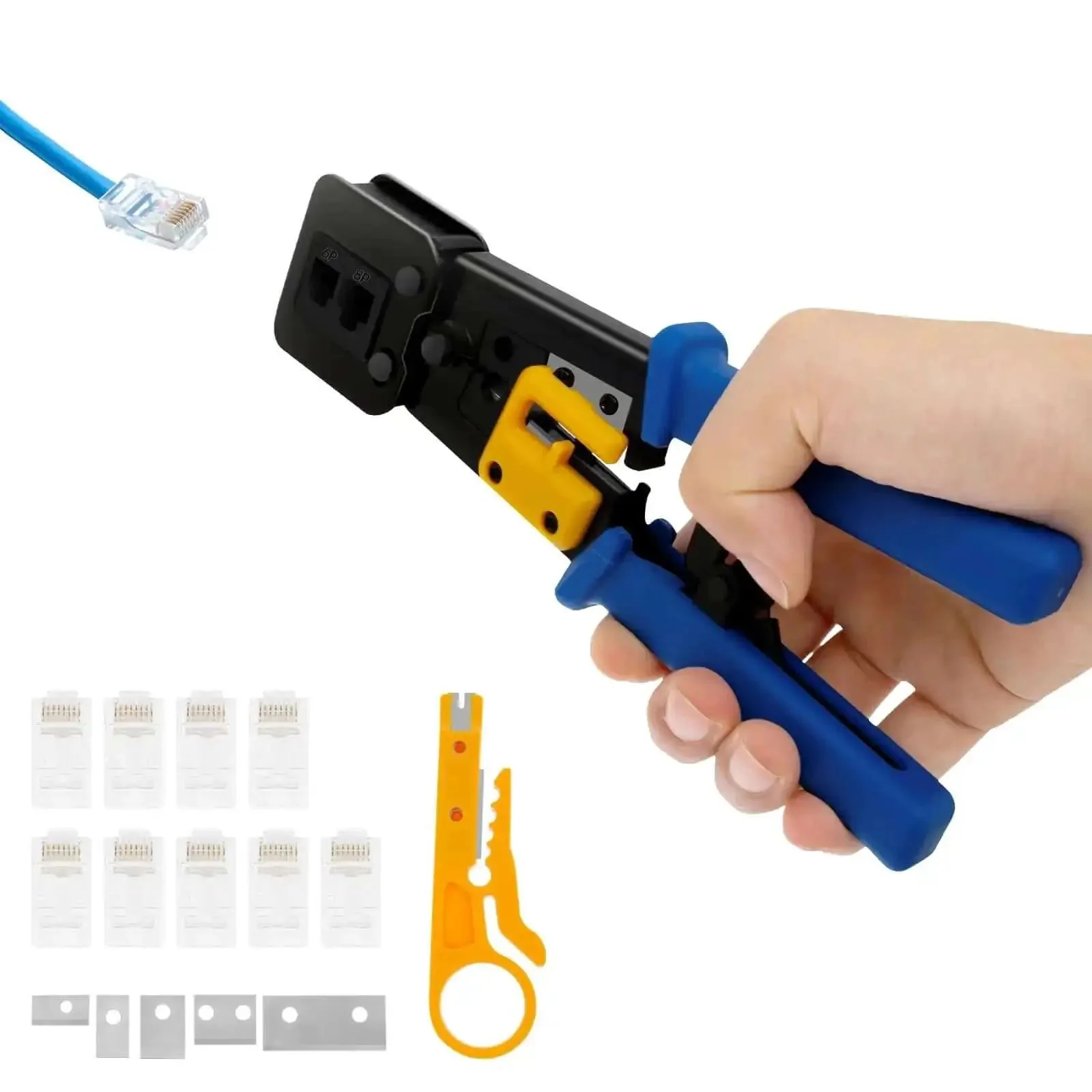 RJ45 Crimp Tool Set For Ethernet Cabling Pro Grade Workhorse Crimping Tool With Mini Wire Stripper Handles 6P 8P Crystal Heads RJ11 RJ45 Includes 10 Crystal Head Connectors And 5 Replacement Blades Blue Twenty One Point Nine Centimeters - Image 3