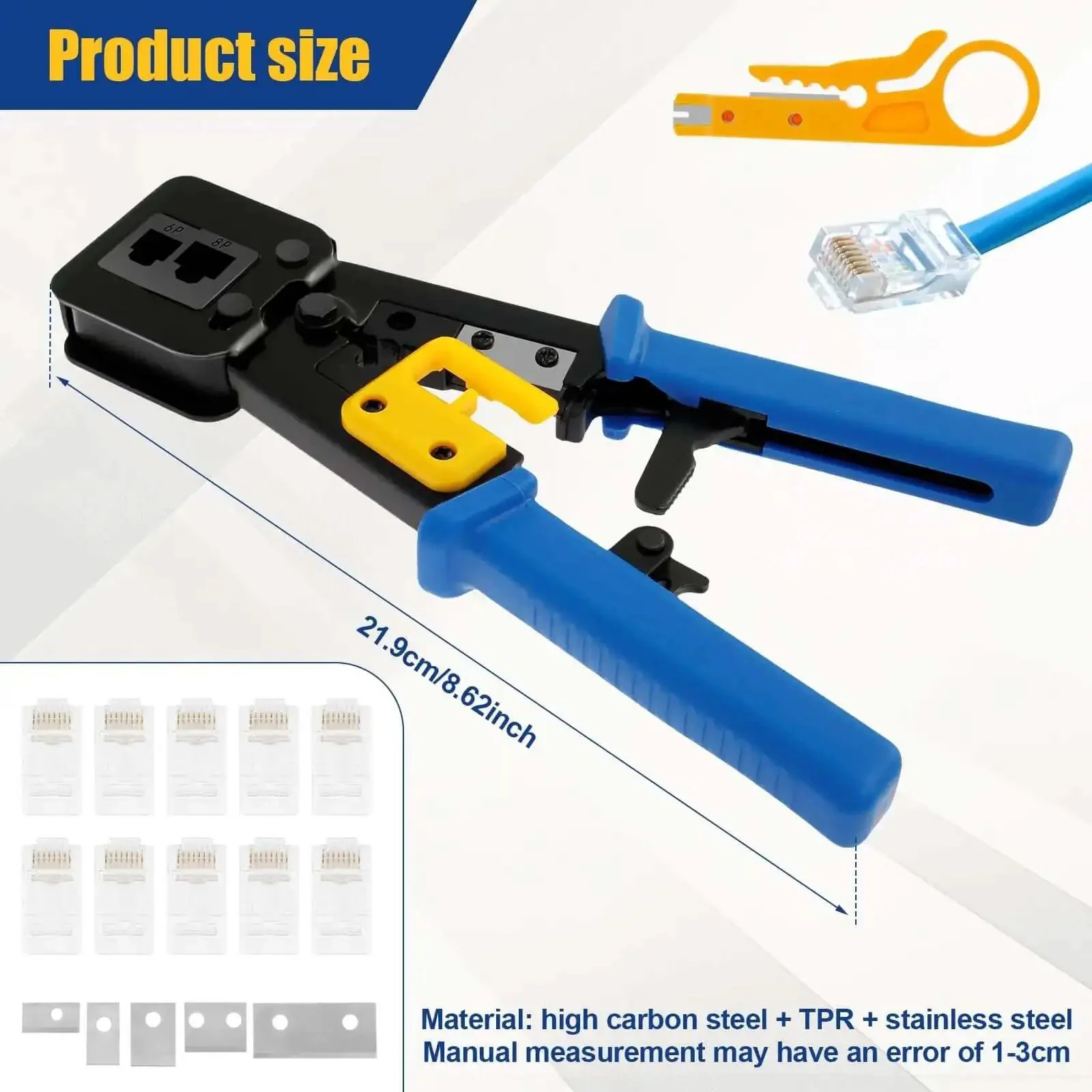 RJ45 Crimp Tool Set For Ethernet Cabling Pro Grade Workhorse Crimping Tool With Mini Wire Stripper Handles 6P 8P Crystal Heads RJ11 RJ45 Includes 10 Crystal Head Connectors And 5 Replacement Blades Blue Twenty One Point Nine Centimeters - Image 4