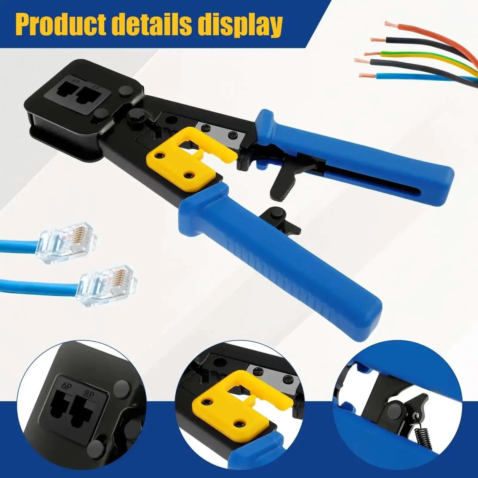 RJ45 Crimp Tool Set For Ethernet Cabling Pro Grade Workhorse Crimping Tool With Mini Wire Stripper Handles 6P 8P Crystal Heads RJ11 RJ45 Includes 10 Crystal Head Connectors And 5 Replacement Blades Blue Twenty One Point Nine Centimeters - Image 5