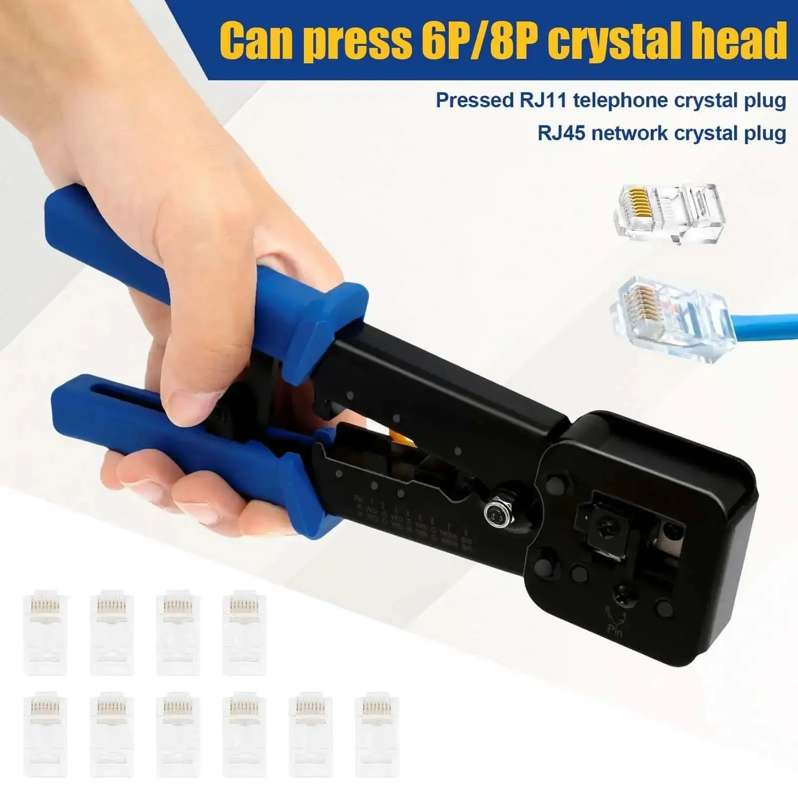 RJ45 Crimp Tool Set For Ethernet Cabling Pro Grade Workhorse Crimping Tool With Mini Wire Stripper Handles 6P 8P Crystal Heads RJ11 RJ45 Includes 10 Crystal Head Connectors And 5 Replacement Blades Blue Twenty One Point Nine Centimeters - Image 7