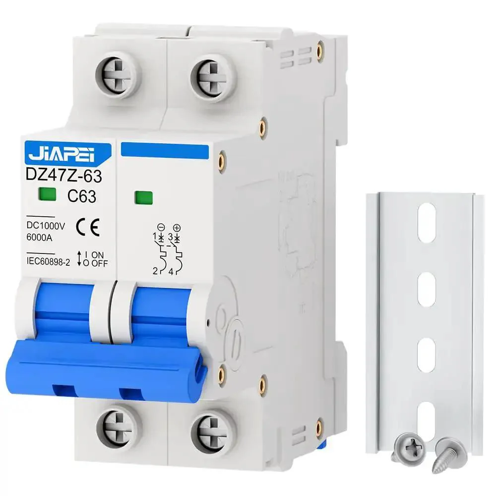 Rock Solid Miniature Circuit Breaker 1000V 2 Pole 63 Amp Isolator For Solar PV Systems With Thermal Magnetic Trip DIN Rail Mount C63 DC Disconnect Switch For Instant Overcurrent Protection