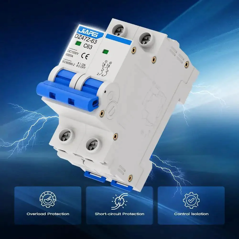 Rock Solid Miniature Circuit Breaker 1000V 2 Pole 63 Amp Isolator For Solar PV Systems With Thermal Magnetic Trip DIN Rail Mount C63 DC Disconnect Switch For Instant Overcurrent Protection - Image 2
