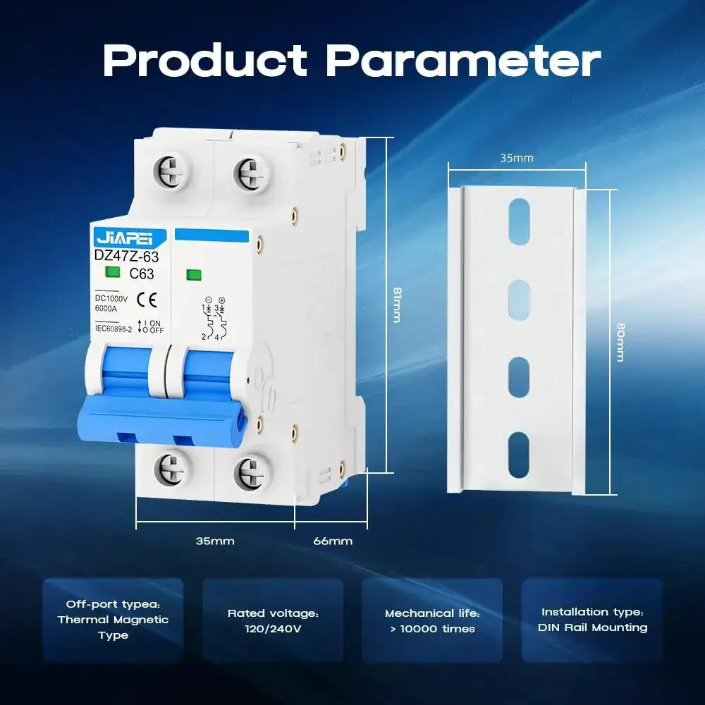 Rock Solid Miniature Circuit Breaker 1000V 2 Pole 63 Amp Isolator For Solar PV Systems With Thermal Magnetic Trip DIN Rail Mount C63 DC Disconnect Switch For Instant Overcurrent Protection - Image 5
