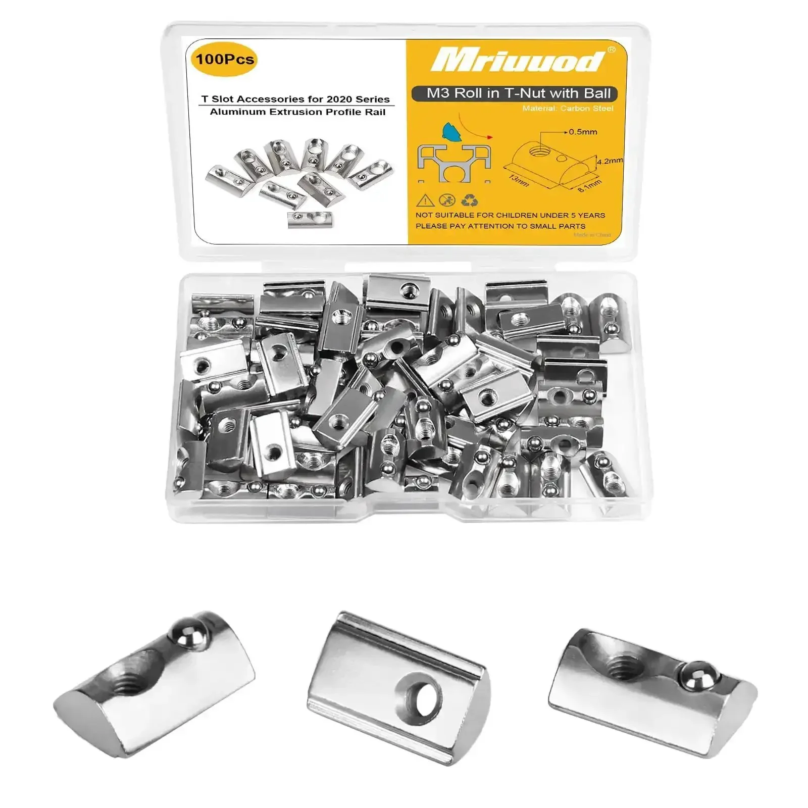 Roll In Spring Loaded T Nuts M3 X 0.5mm 100 Pack Carbon Steel Nickel Plated For 20x20 Aluminum Extrusions And 20 Series Great Replacement Tiny Nuts For 3D Printer Frames And CNC Builds