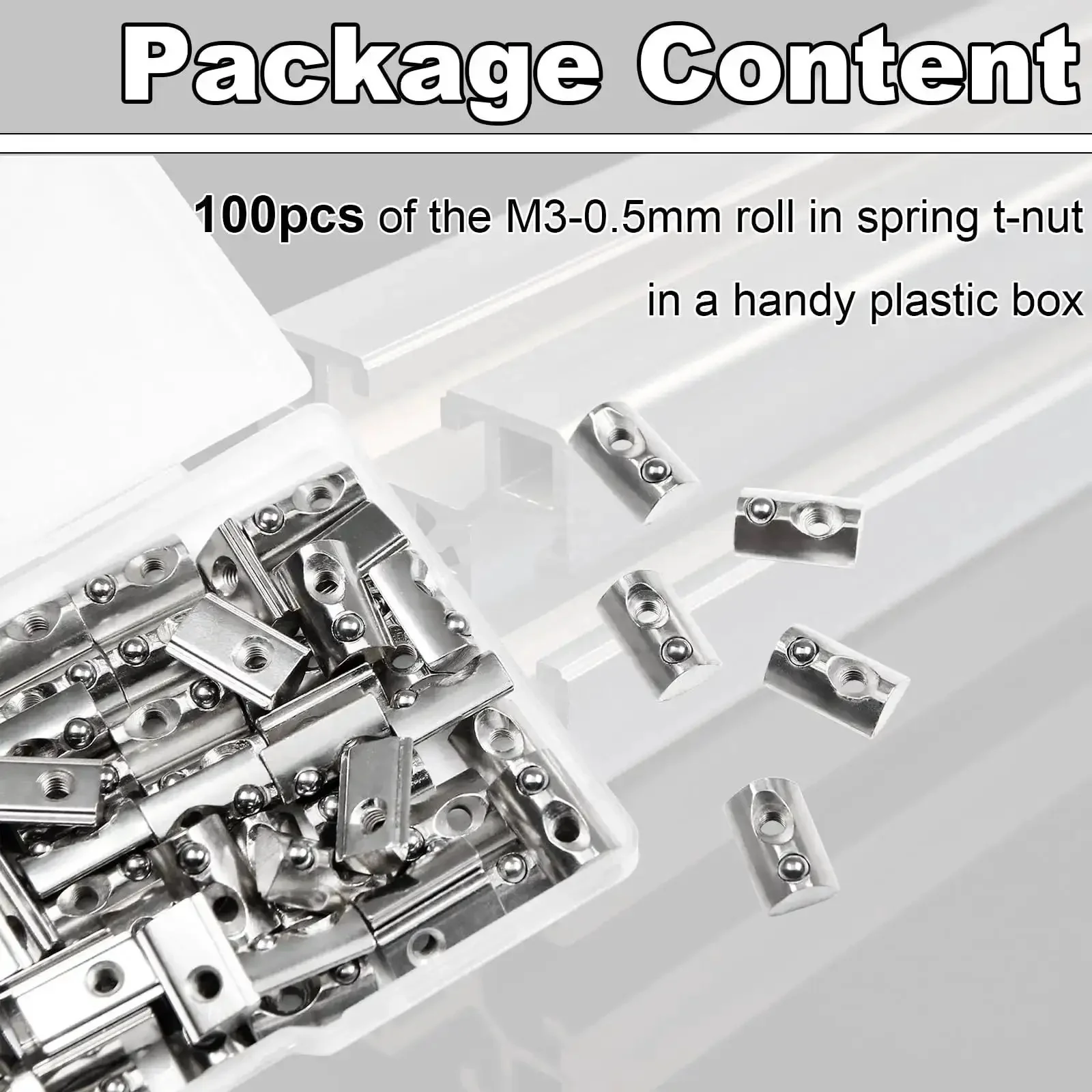 Roll In Spring Loaded T Nuts M3 X 0.5mm 100 Pack Carbon Steel Nickel Plated For 20x20 Aluminum Extrusions And 20 Series Great Replacement Tiny Nuts For 3D Printer Frames And CNC Builds - Image 5