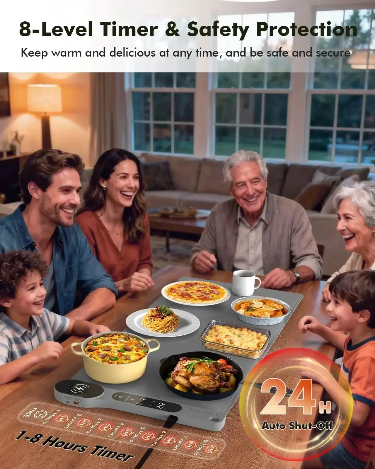 Roll Up Food Warmer Mat With 15W Wireless Charger And Quick Heat, 34 by 15 Inch Extra Large Buffet Warmer For Parties, 7 Temperature Levels And 8 Hour Timer, Fast Heating Electric Warming Tray, Grey - Image 3