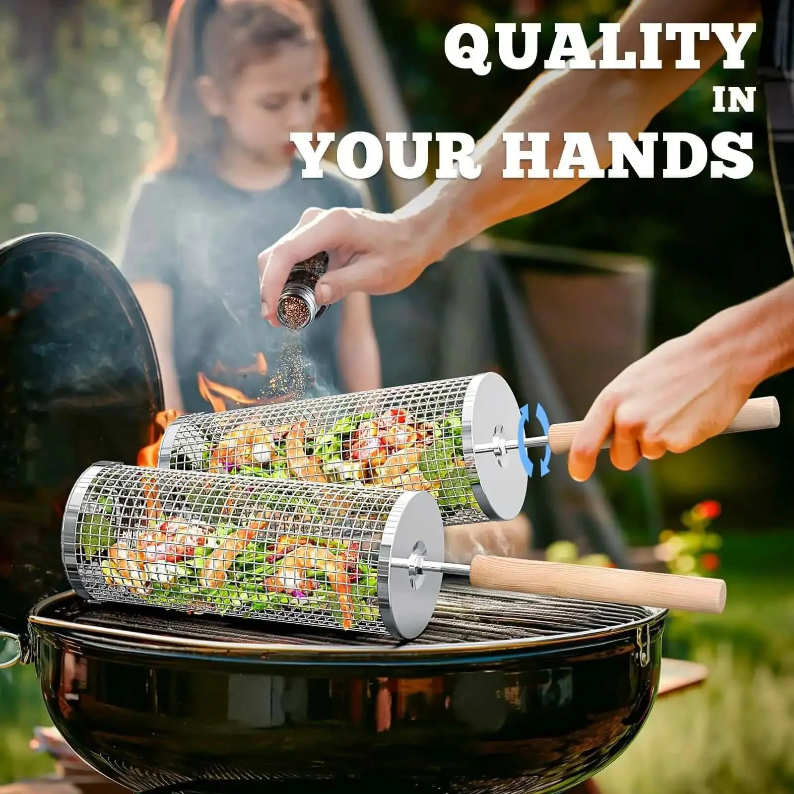 Rollin Grill Basket With Removable Beech Wood Handle And 304 Stainless Steel Build For Veggies And Meat Lovers Nesting BBQ Tools Set For Outdoor Cooking And Camping Gift For Him Perfect Backyard Cookout Essential - Image 5