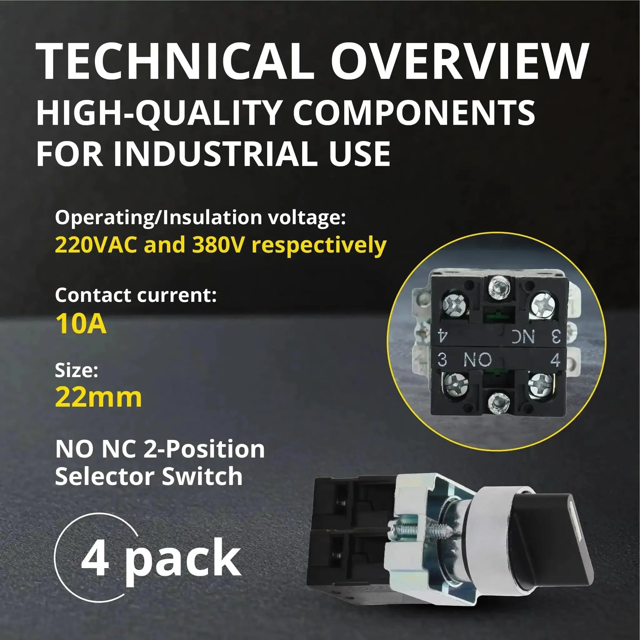 Rotary Switch With 2-Position Maintained Selector No NC Latching, 22mm Panel Mount, 220VAC 10A, Built Tough Electrical Switch For Control Panels And DIY Projects, Pack Of 4, Great For Automation And Robotics - Image 7