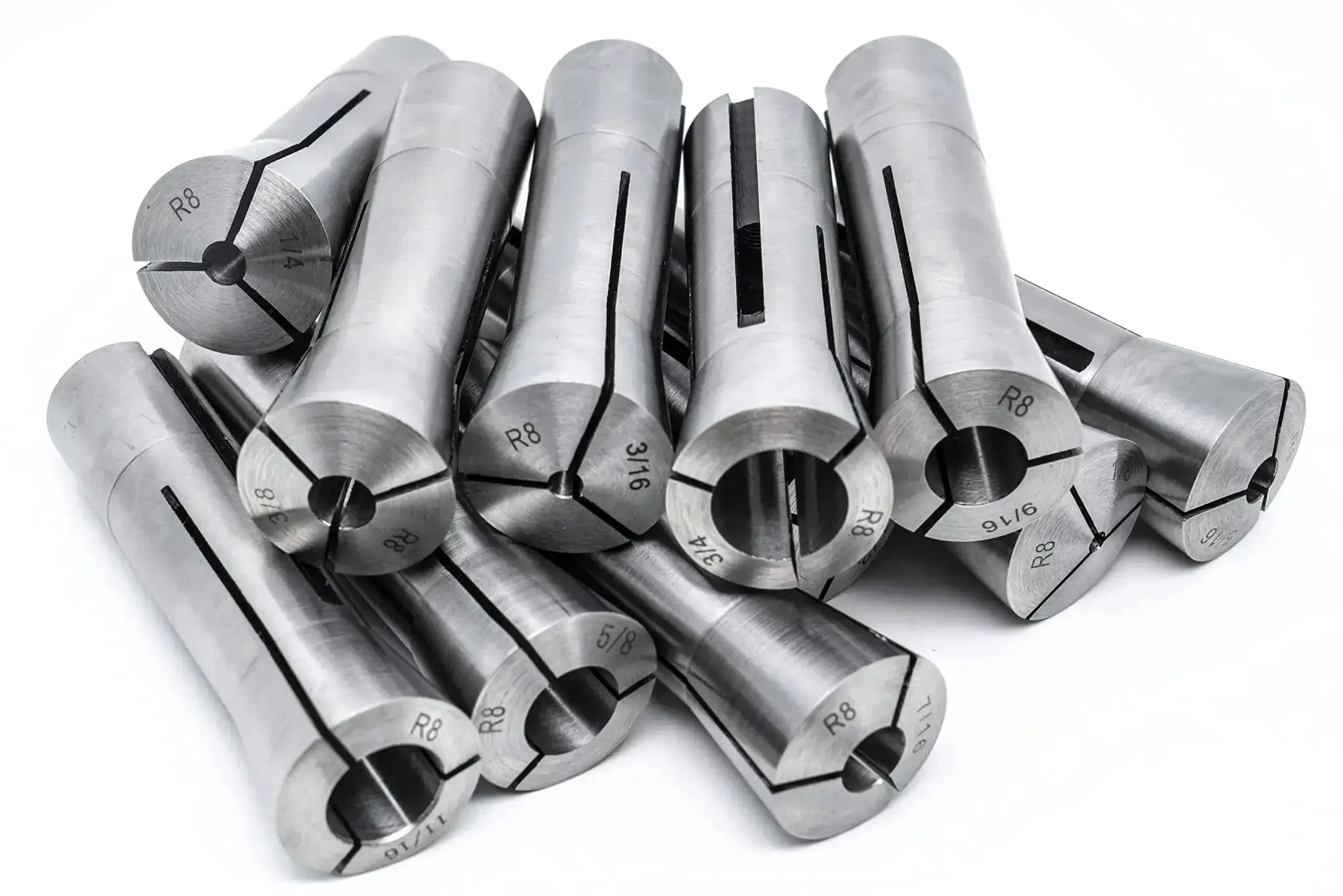 Round Collet Set For Milling Machines 11 Pcs R8 Range 1/8 To 3/4 Inch With 7/16-20 Internal Thread Hardened And Ground Precision Tooling 0.0006in TIR Heavy Duty Long Lasting Machining Accessories