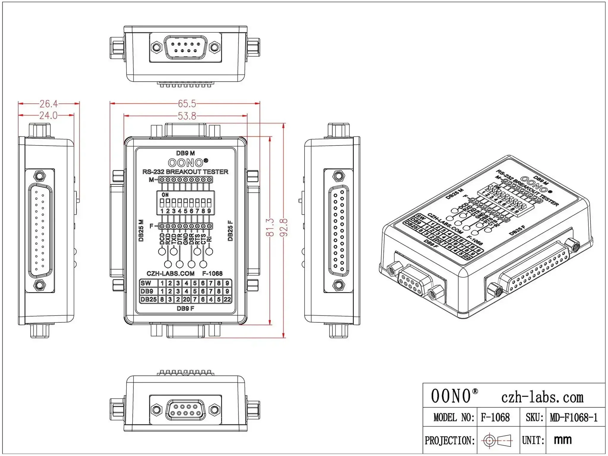 RS232 Breakout Tester LED Monitor Module With DB9 Male And DB9 Female, DB25 Male And DB25 Female Connectors For Serial Data Link Debugging, Master Slave Output, Easy In Line RS232 Cable Tester No Oscilloscope Needed - Image 2