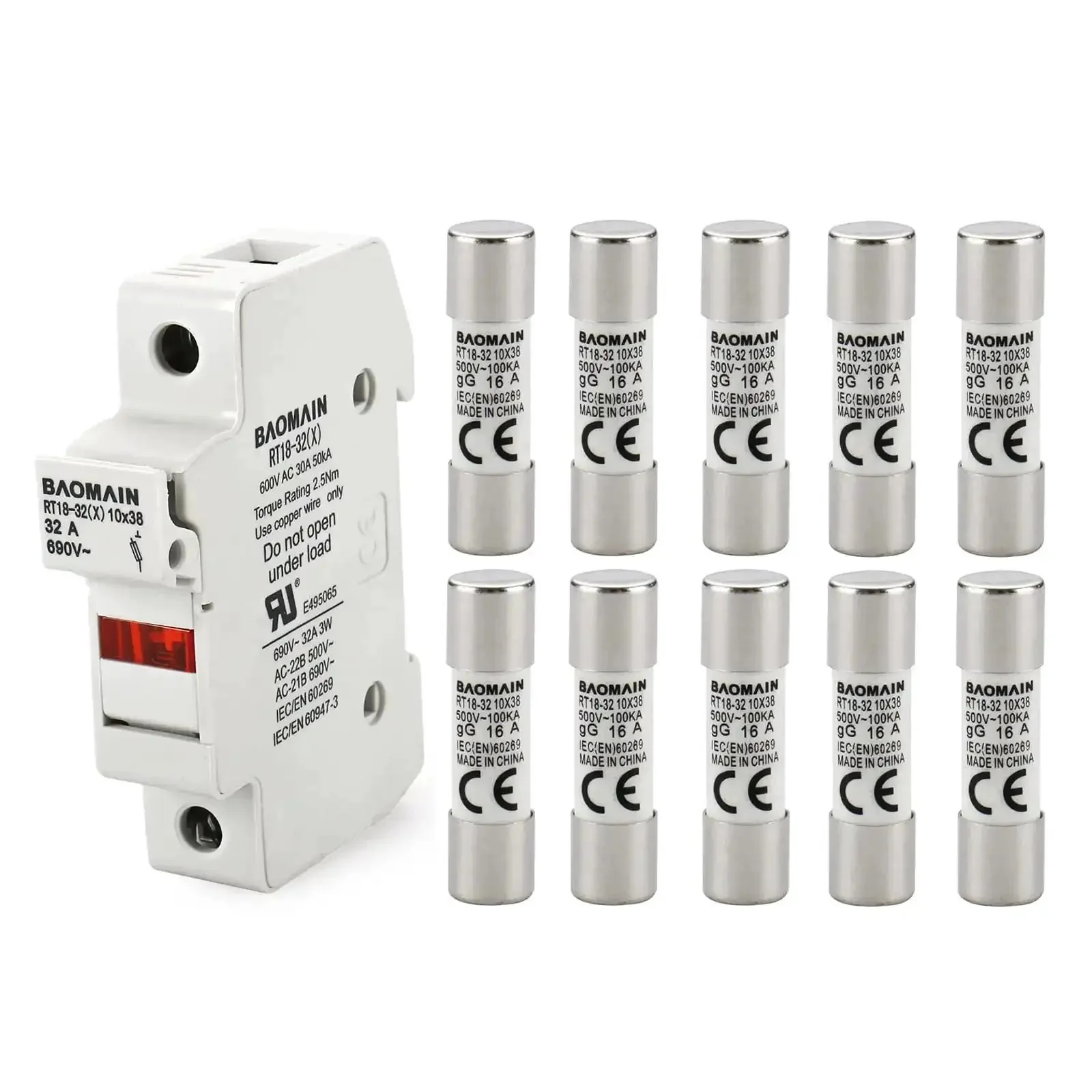 RT18-32 Fuse Holder Base With 10x16A Ceramic Fuses (10x38mm), 1 Pole DIN Rail Mount, LED Indicator, CE Certified, No-Fuss Snap Lock Install, Industrial Grade Fuse Kit for Panel Power Protection