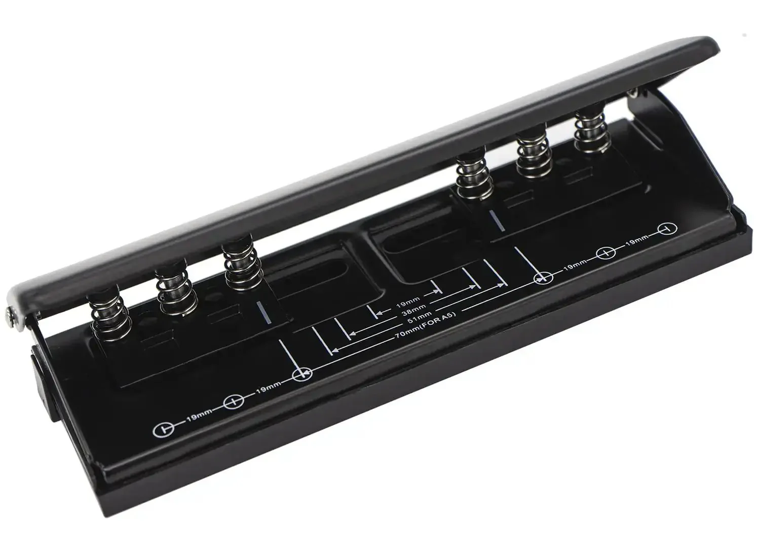 Rugged 6 Hole Paper Puncher With Adjustable Ring Spacing For A5, A6, A7 Formats, Four Position Settings 19mm 38mm 51mm 70mm, Lets You Punch Up To 6 Sheets, Ideal For Daily Planners, Binders, Notebooks, And Agendas, Black - Image 2