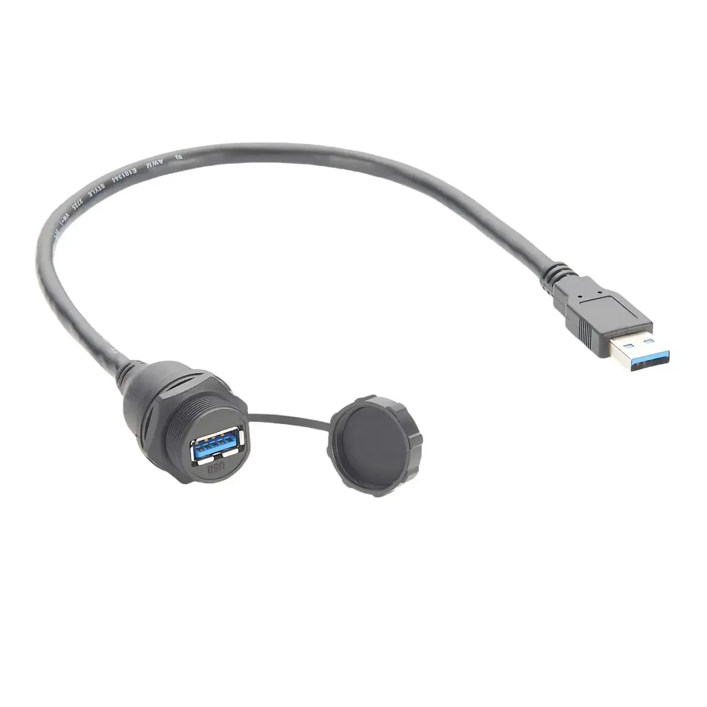 Rugged IP67 USB 3.0 A Male To Female Bulkhead Panel Mount Extension Cable 0.3M Waterproof Cap 5Gbps Data Transfer For Control Cabinets HMI Automation Systems