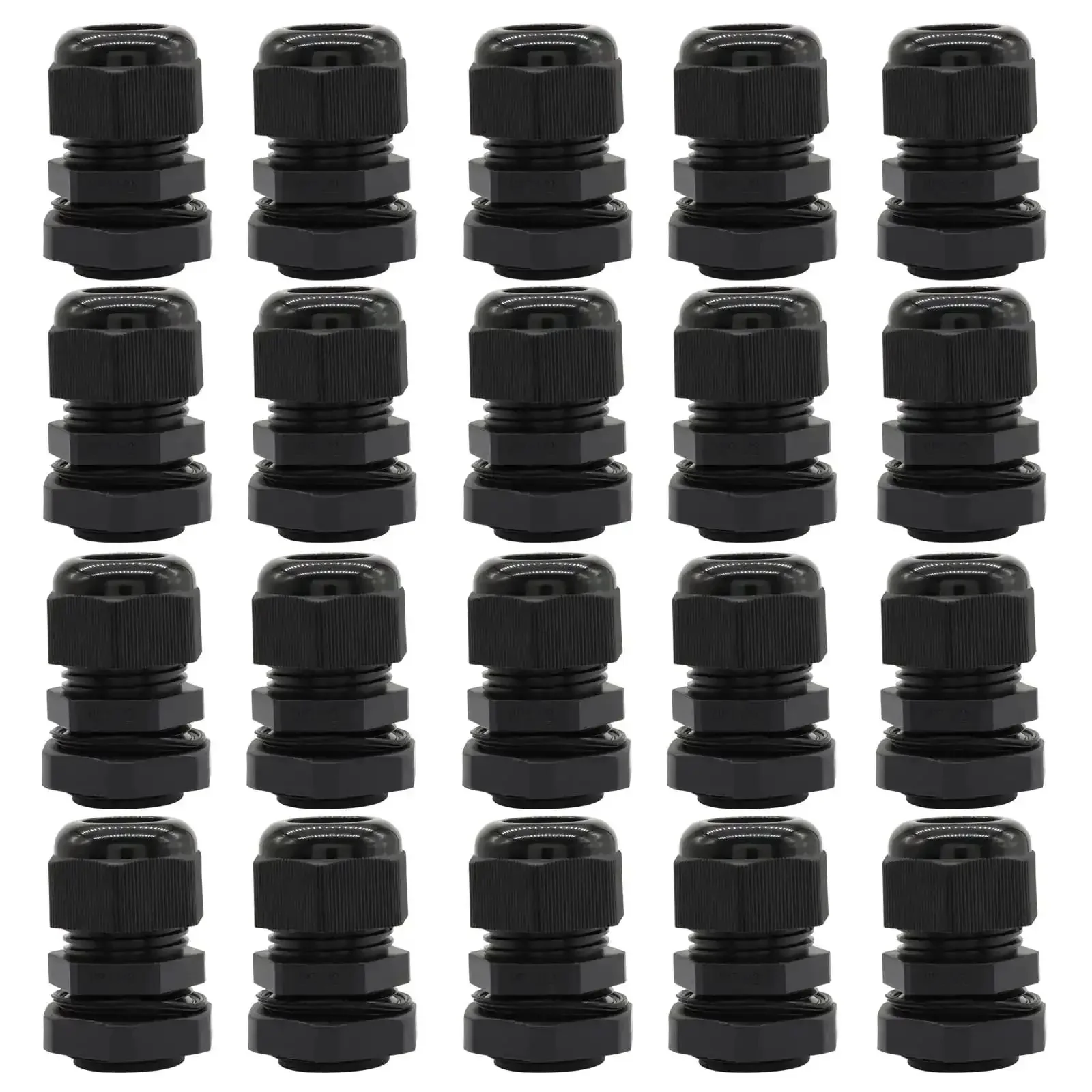 Rugged One Half Inch NPT Cable Glands Set in Black Nylon Waterproof Adjustable Strain Relief Cord Grips for Junction Boxes and Panels, Weatherproof Gasketed Connectors with Locknuts, 20 Pack