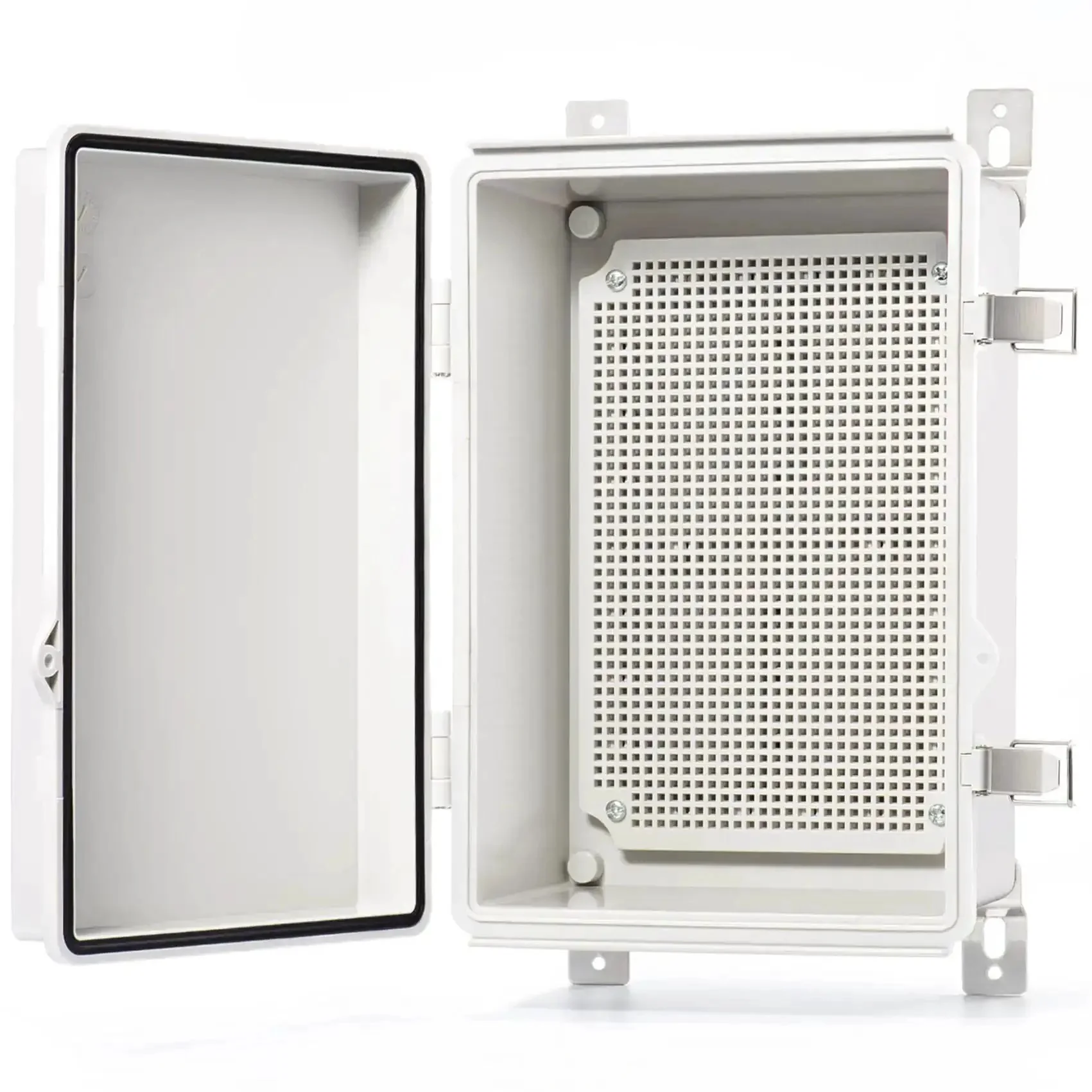 Rugged Outdoor IP67 Junction Box Waterproof Electrical Enclosure In Tough ABS Plastic With Mounting Plate, Wall Brackets, And Hinged Gray Cover, Weatherproof Project Box 11.2 By 7.7 By 5.1 Inches