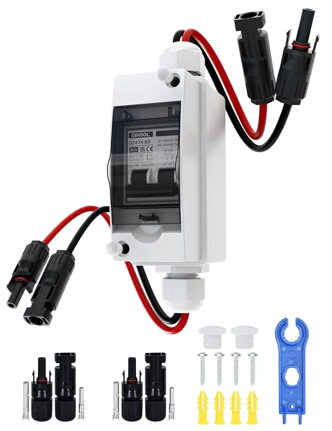 Rugged Outdoor Solar Panel Disconnect Switch 30A 2-Pole DC Circuit Breaker Non-Polarized 12V-400V IP65 Waterproof AC Disconnect Box With Battery Cutoff Isolator Transparent Cover For Easy Status Check
