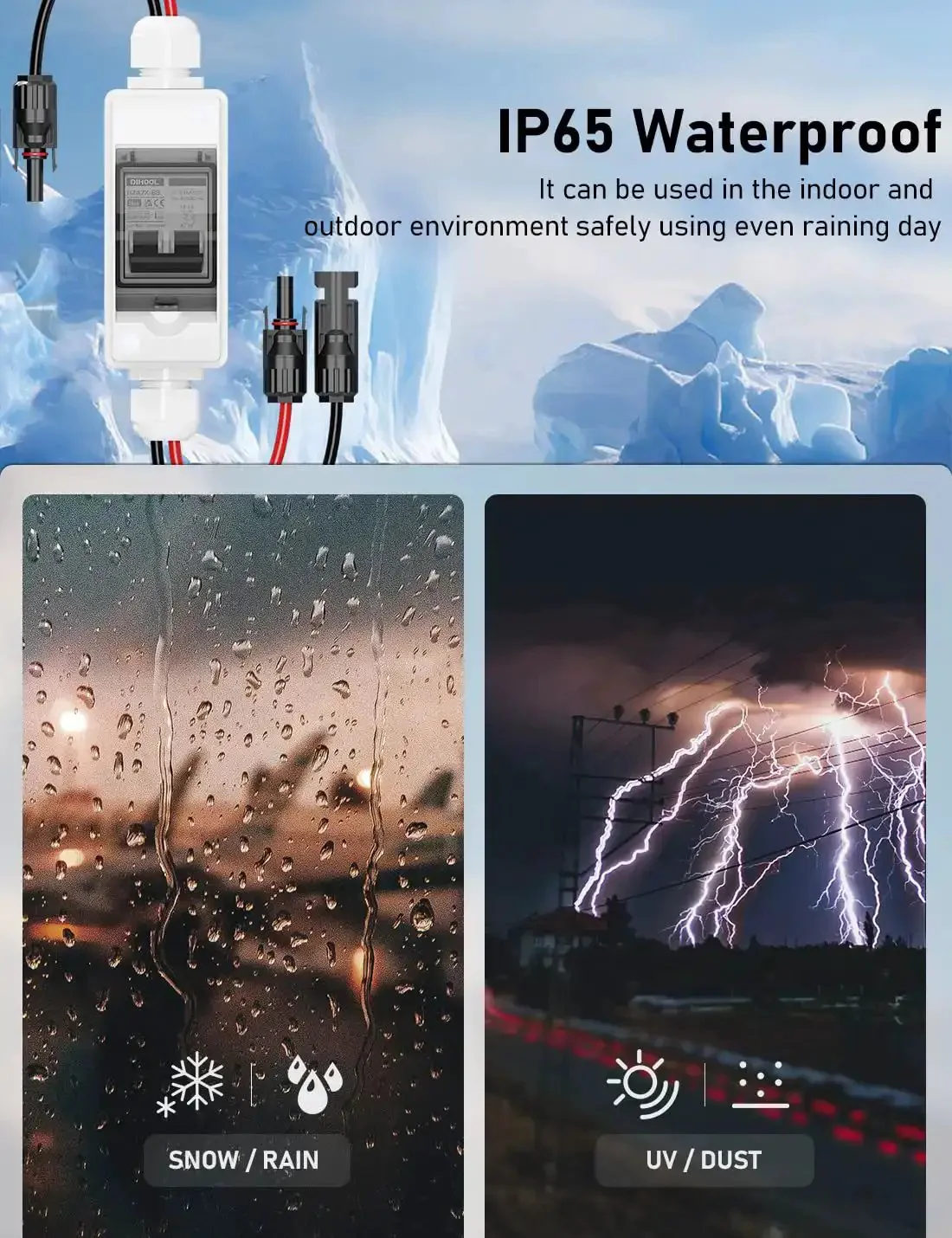 Rugged Outdoor Solar Panel Disconnect Switch 30A 2-Pole DC Circuit Breaker Non-Polarized 12V-400V IP65 Waterproof AC Disconnect Box With Battery Cutoff Isolator Transparent Cover For Easy Status Check - Image 3