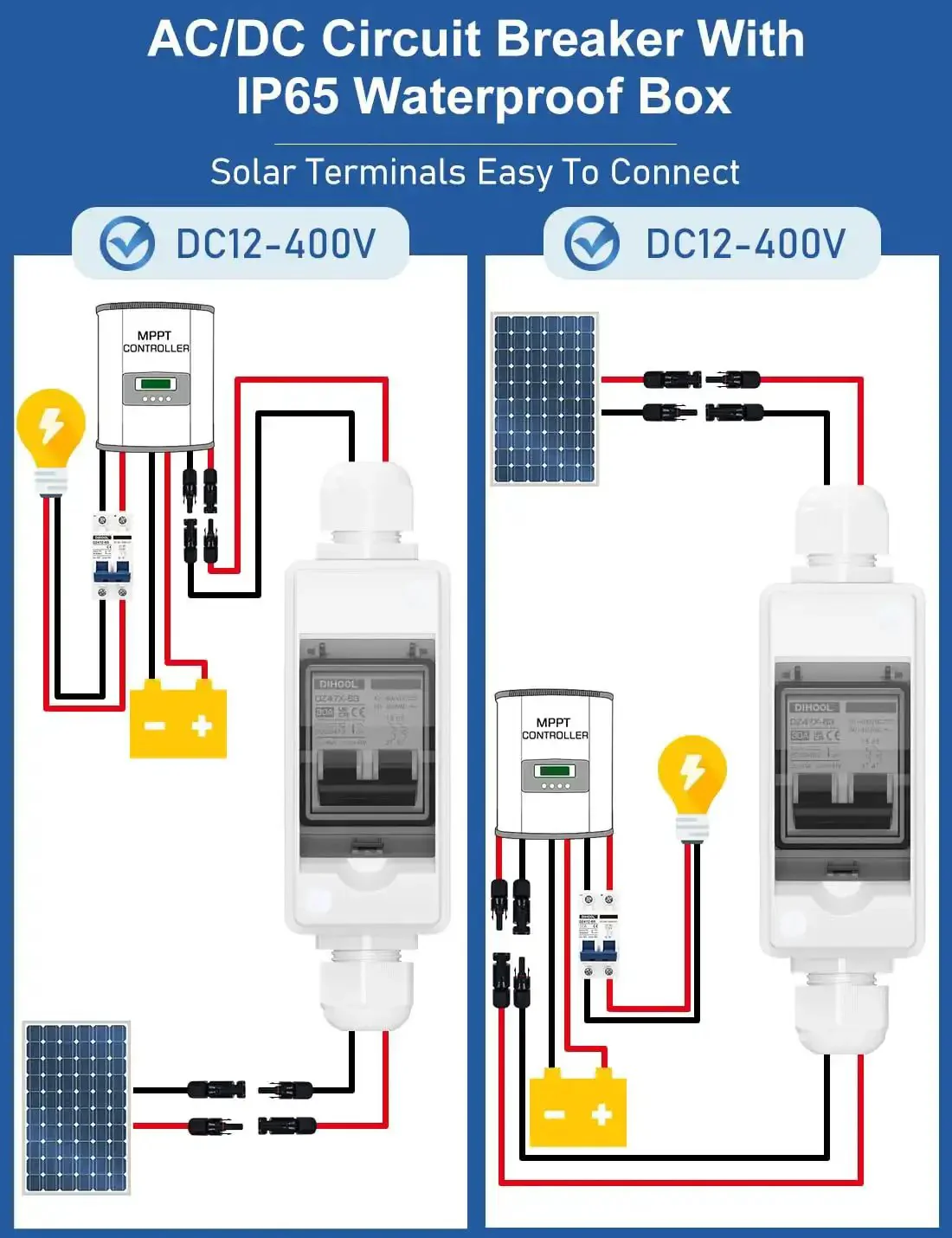 Rugged Outdoor Solar Panel Disconnect Switch 30A 2-Pole DC Circuit Breaker Non-Polarized 12V-400V IP65 Waterproof AC Disconnect Box With Battery Cutoff Isolator Transparent Cover For Easy Status Check - Image 5