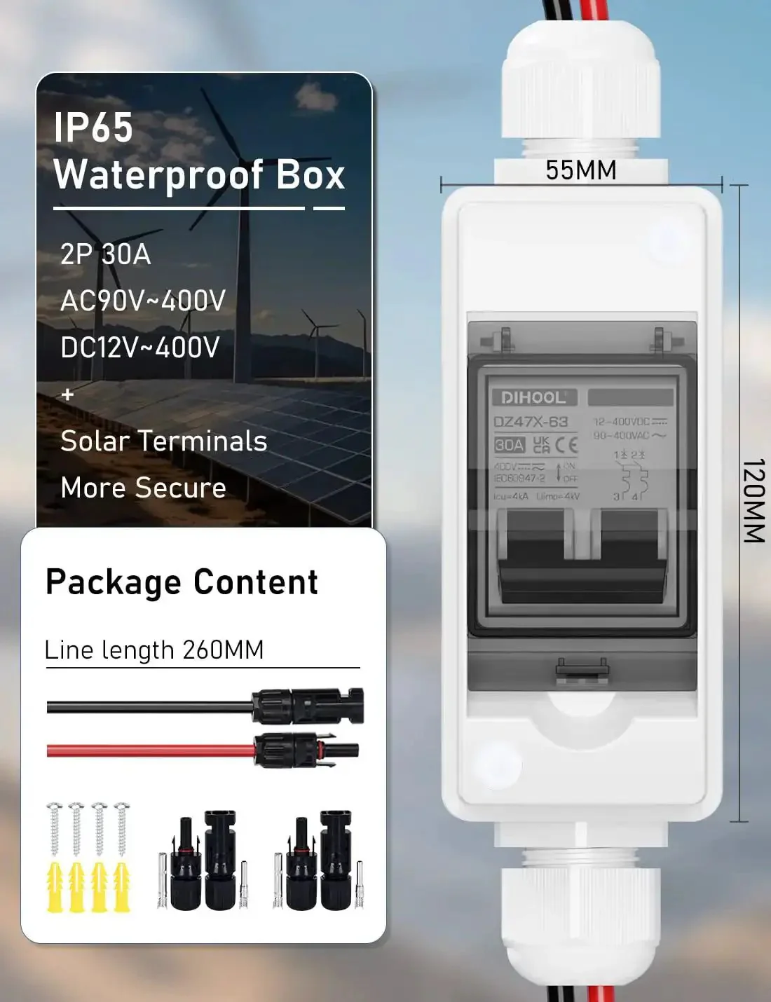 Rugged Outdoor Solar Panel Disconnect Switch 30A 2-Pole DC Circuit Breaker Non-Polarized 12V-400V IP65 Waterproof AC Disconnect Box With Battery Cutoff Isolator Transparent Cover For Easy Status Check - Image 6