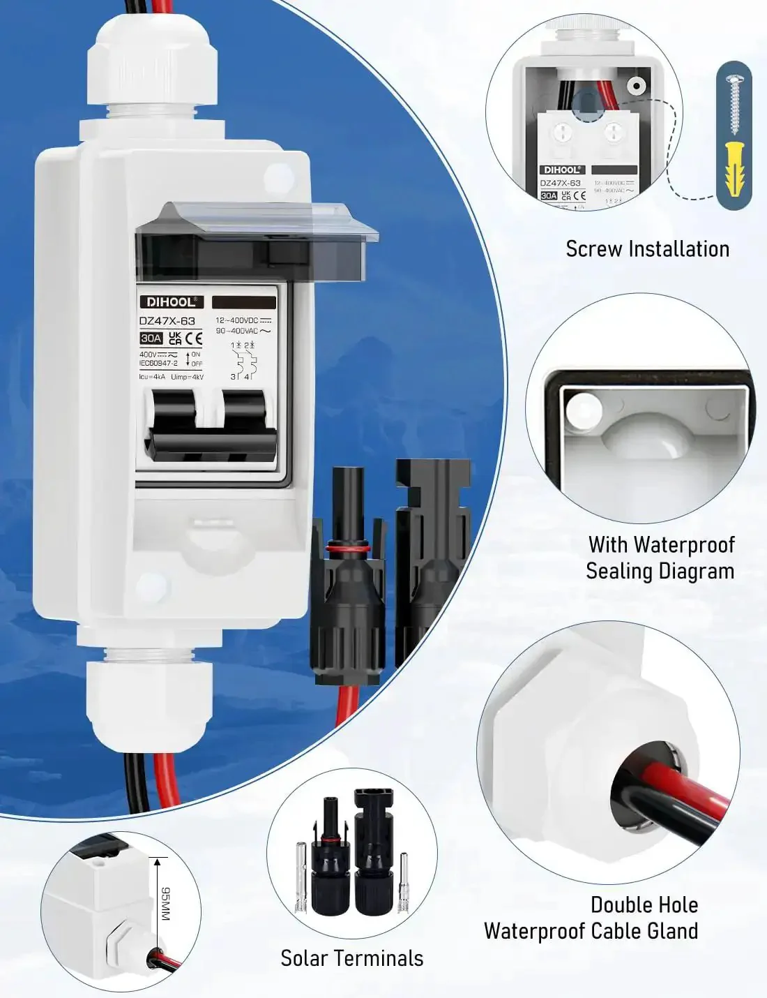 Rugged Outdoor Solar Panel Disconnect Switch 30A 2-Pole DC Circuit Breaker Non-Polarized 12V-400V IP65 Waterproof AC Disconnect Box With Battery Cutoff Isolator Transparent Cover For Easy Status Check - Image 7