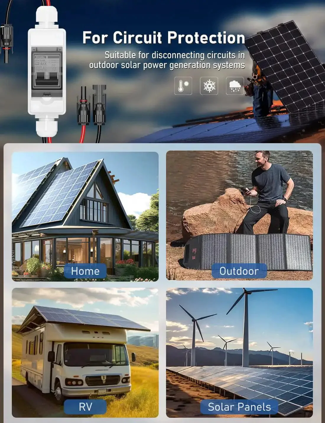 Rugged Outdoor Solar Panel Disconnect Switch 30A 2-Pole DC Circuit Breaker Non-Polarized 12V-400V IP65 Waterproof AC Disconnect Box With Battery Cutoff Isolator Transparent Cover For Easy Status Check - Image 8