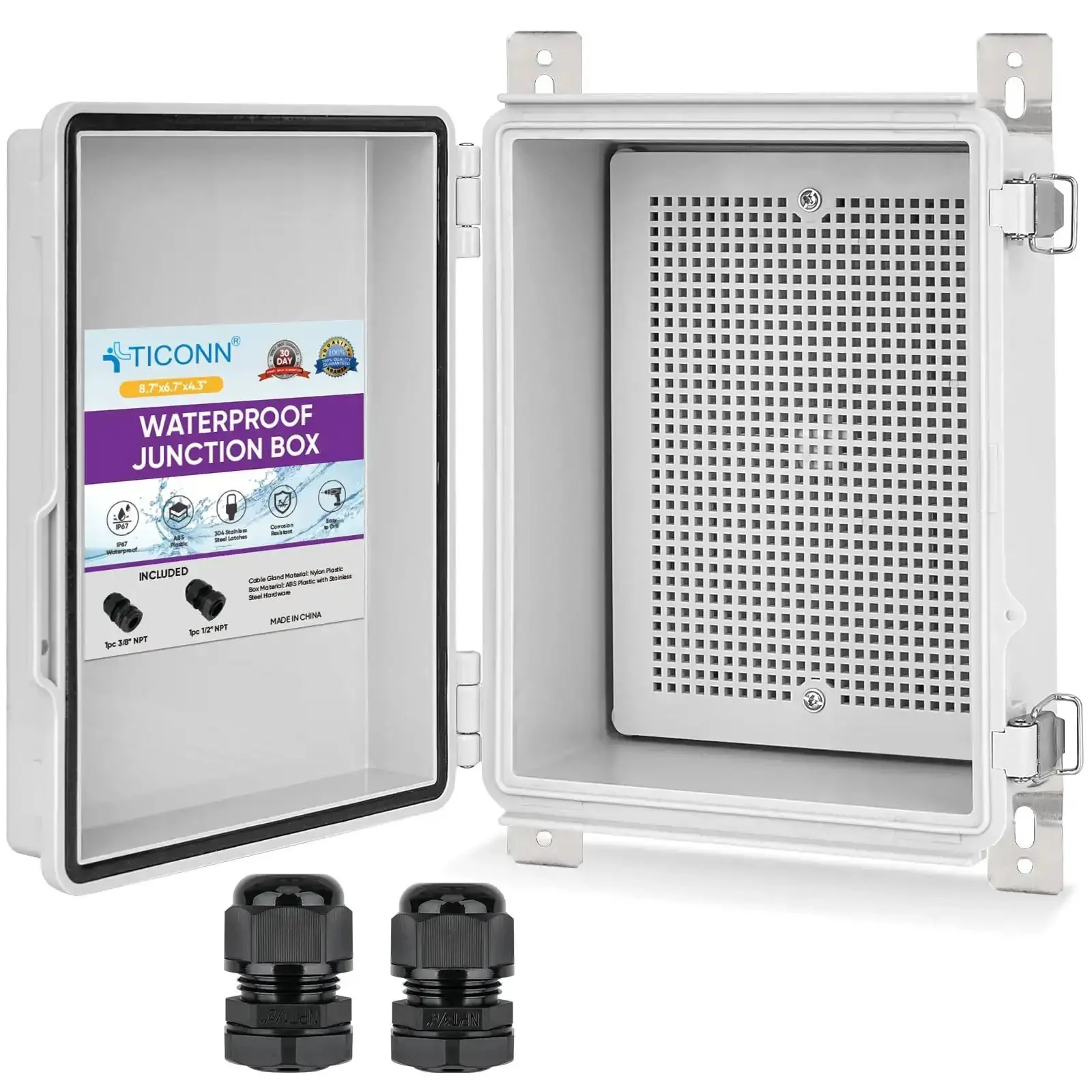 Rugged Outdoor Waterproof IP67 Electrical Box Enclosure With Hinged Cover ABS Plastic Mounting Plate Wall Brackets And Cable Glands Off White Heavy Duty Junction Box For Outdoor Wiring 8.7 By 6.7 By 4.3 Inches