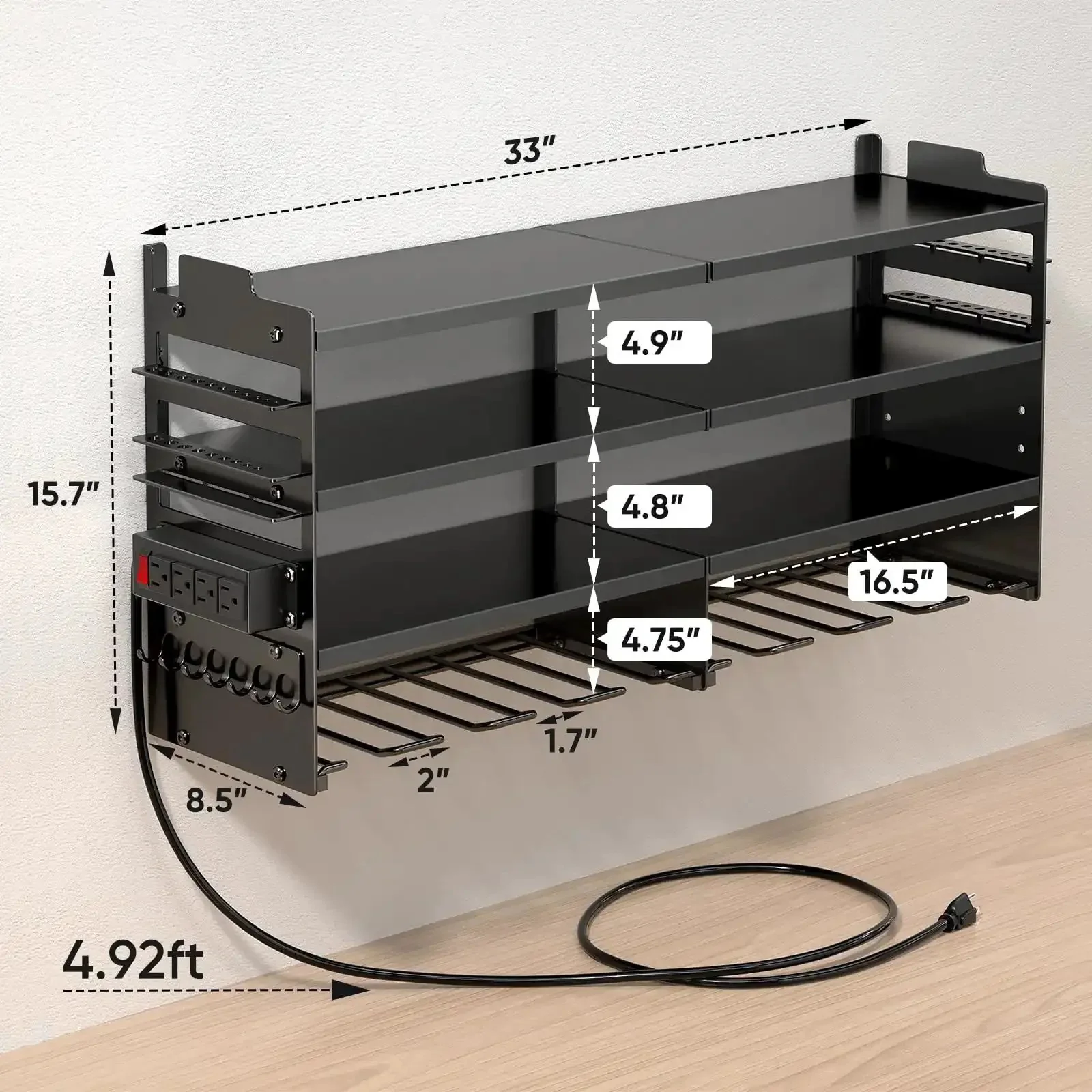 Rugged Power Tool Organizer Wall Mount With Charging Station, 4 Layer Heavy Duty Metal Tool Rack Holds 600 Lbs, 8 Cordless Drill Holders, 4 Outlet Power Strip, Battery And Accessory Shelf For Garage - Image 2