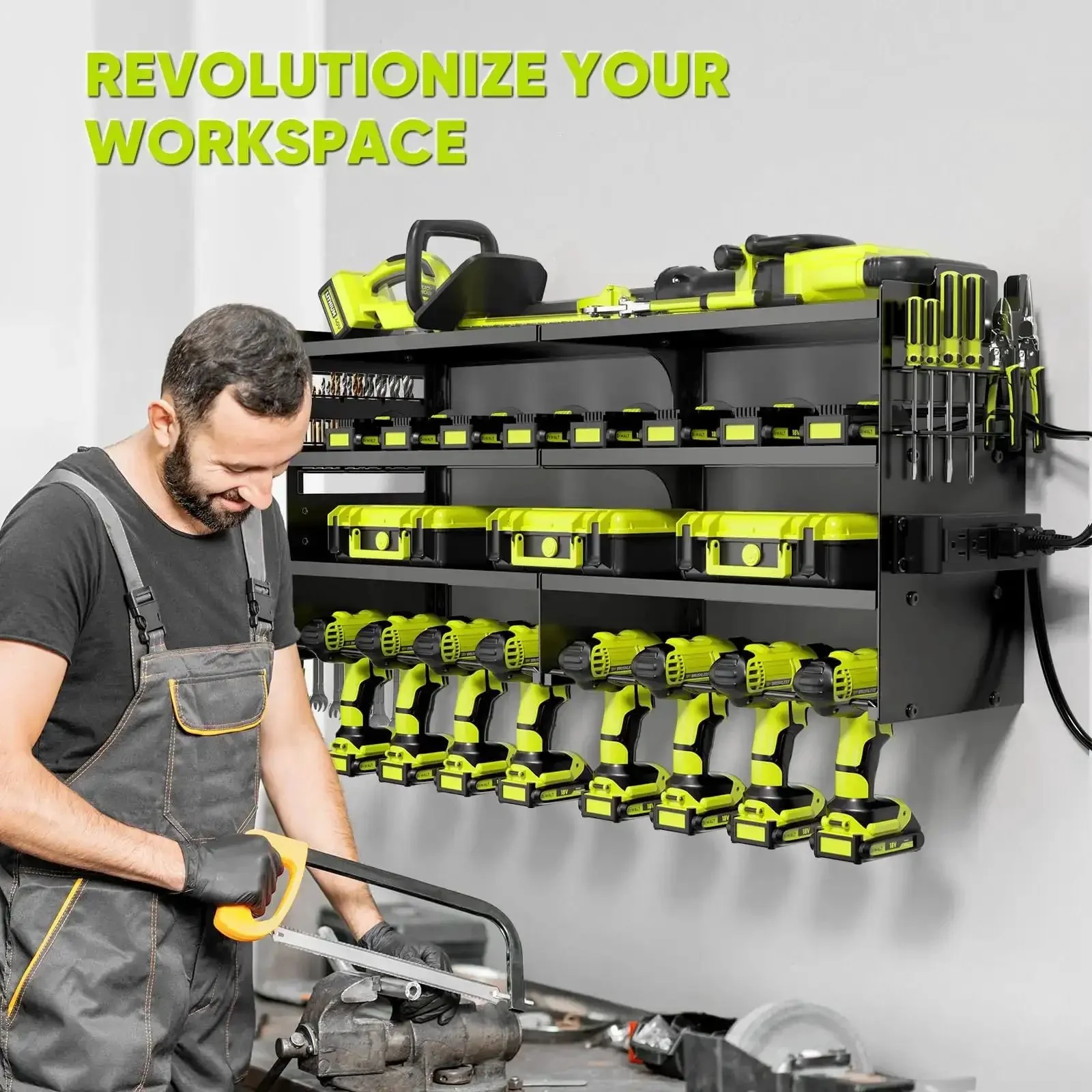 Rugged Power Tool Organizer Wall Mount With Charging Station, 4 Layer Heavy Duty Metal Tool Rack Holds 600 Lbs, 8 Cordless Drill Holders, 4 Outlet Power Strip, Battery And Accessory Shelf For Garage - Image 4