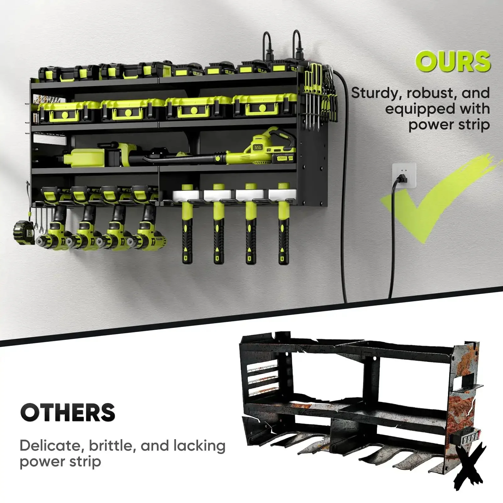 Rugged Power Tool Organizer Wall Mount With Charging Station, 4 Layer Heavy Duty Metal Tool Rack Holds 600 Lbs, 8 Cordless Drill Holders, 4 Outlet Power Strip, Battery And Accessory Shelf For Garage - Image 5