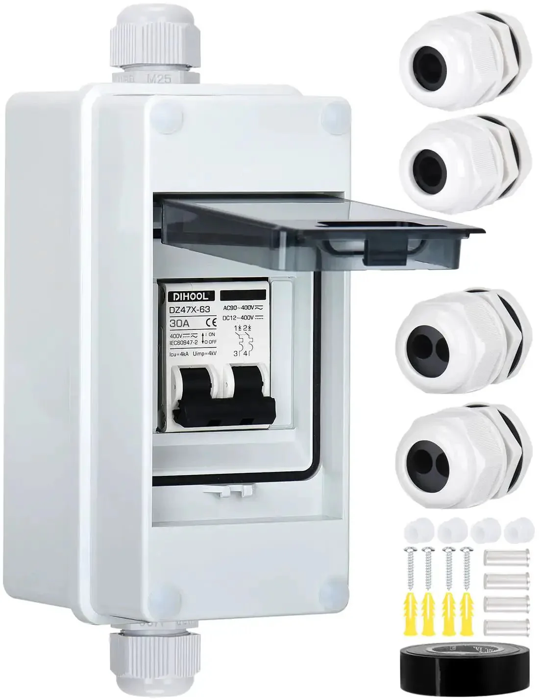 Rugged Solar Panel Disconnect Switch With IP65 DIN Box 30 Amp Dual Pole Isolator 12V To 400V AC DC Miniature Circuit Breaker Non Polarized PV Array Shut Off For Outdoor Installations Plug And Play