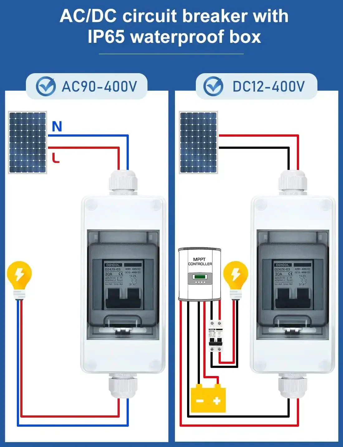 Rugged Solar Panel Disconnect Switch With IP65 DIN Box 30 Amp Dual Pole Isolator 12V To 400V AC DC Miniature Circuit Breaker Non Polarized PV Array Shut Off For Outdoor Installations Plug And Play - Image 5