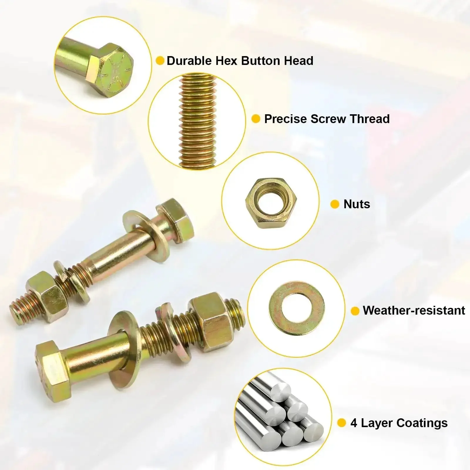 SAE Grade 8 Bolt And Nut Kit With Washers, Beefy Heavy Duty Alloy Steel Hex Cap Screws, 1/4-20 To 1/2-13 Sizes, Includes Four Bits, Yellow Zinc Plated, Great For Auto Repair And DIY Projects - Image 5