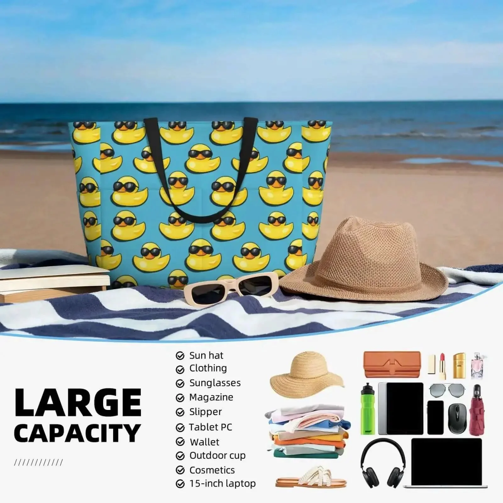 Sandproof Beach Tote For Women With Sunglasses Print Waterproof Travel Bag With Zipper And Reinforced Straps Lightweight Durable Honeycomb Polyester Perfect For Beach Pool Gym Work Or Weekend Getaways - Image 4