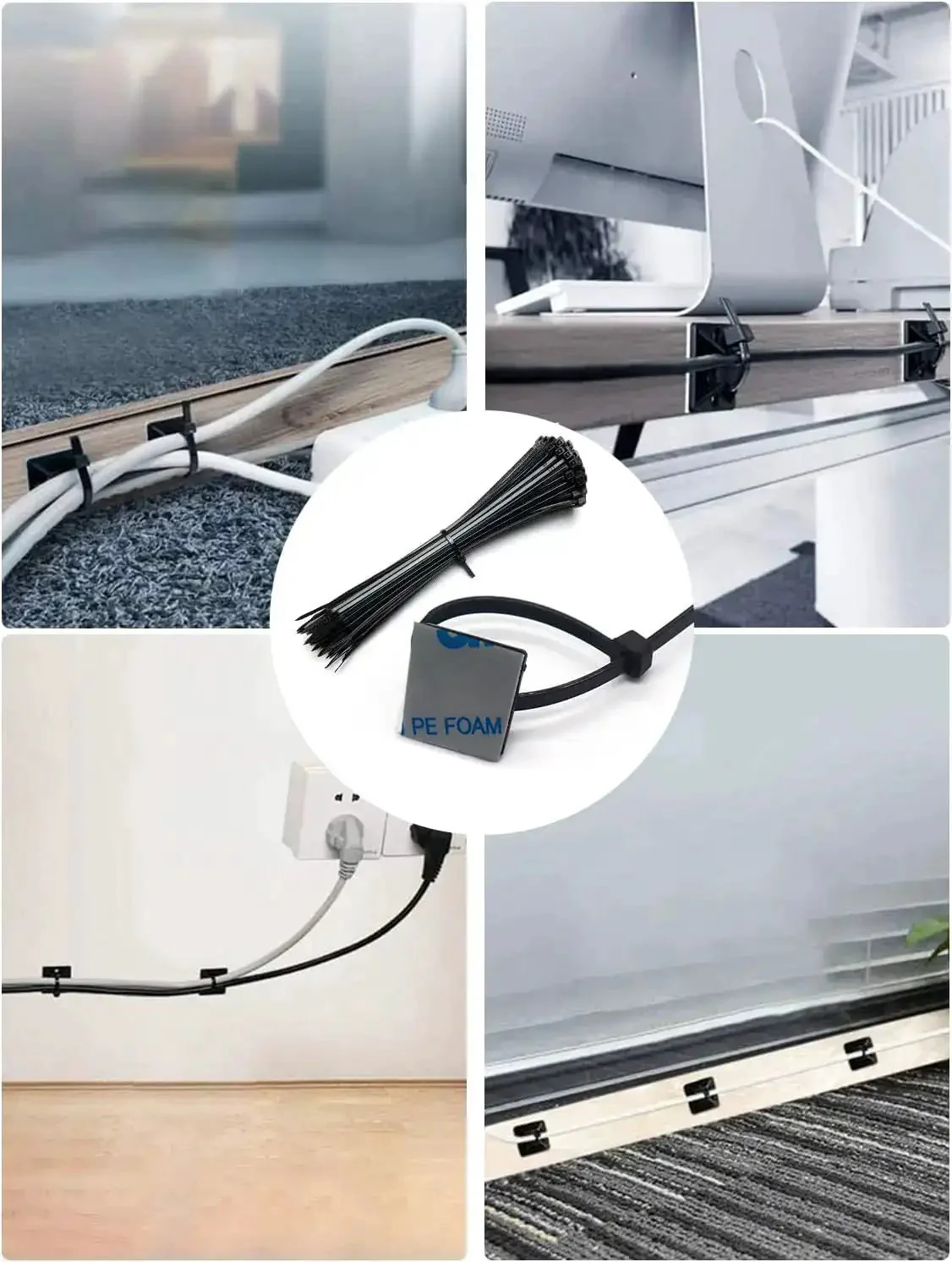 Self Adhesive Cable Zip Tie Mounts Kit With 3M Strong Adhesive, 100 Mounts And 100 6 Inch Nylon Ties, Sticky Outdoor Wire Organizer Clips For Easy Cable Management Black - Image 3