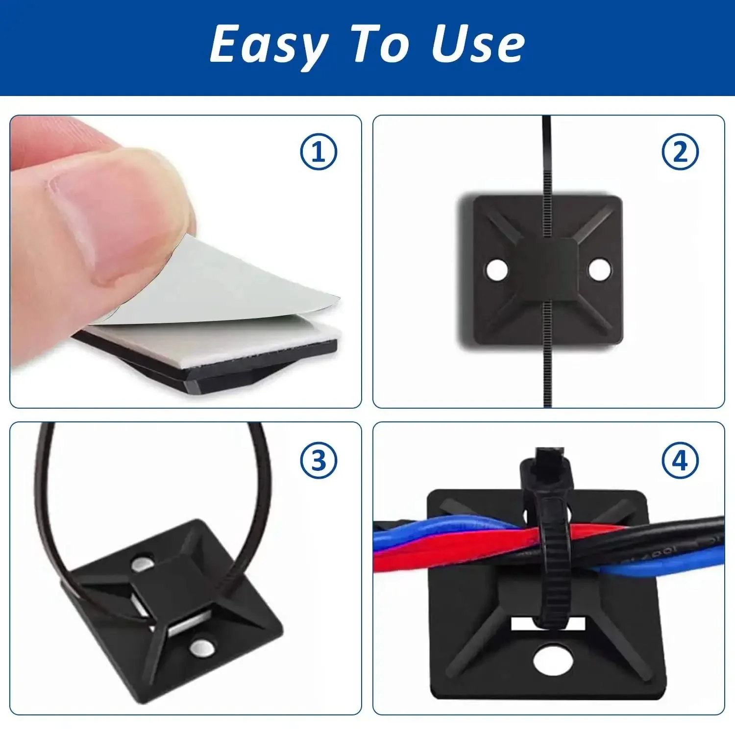 Self Adhesive Cable Zip Tie Mounts Kit With 3M Strong Adhesive, 100 Mounts And 100 6 Inch Nylon Ties, Sticky Outdoor Wire Organizer Clips For Easy Cable Management Black - Image 4