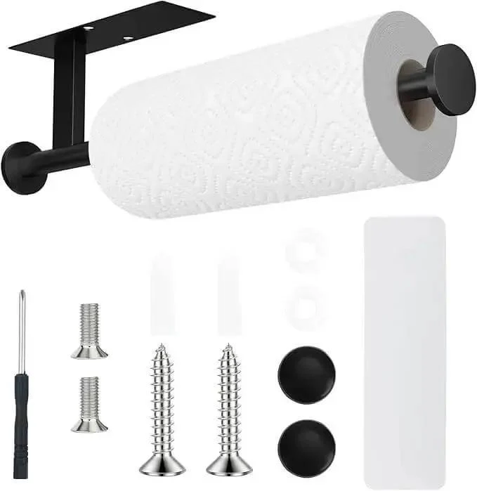 Self Adhesive Paper Towel Holder Wall Mount No Drill Easy Install Heavy Duty SUS304 Stainless Steel Black Finish For Kitchen Bathroom Sink Pantry Fridge Stays Put, Rust Resistant, Scratch Proof, Fits Standard Rolls