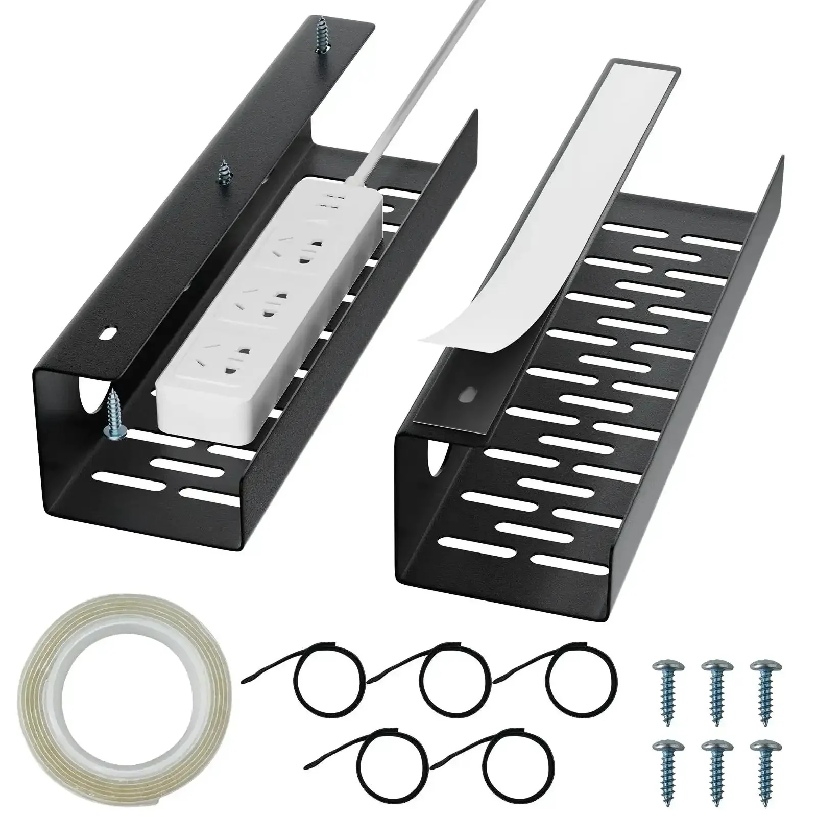 Self Adhesive Under Desk Cable Management Tray 2 Pack Steel Wire Organizer For Power Strips And Cables No Drill Needed Under Table Cable Storage Holder For Office And Home