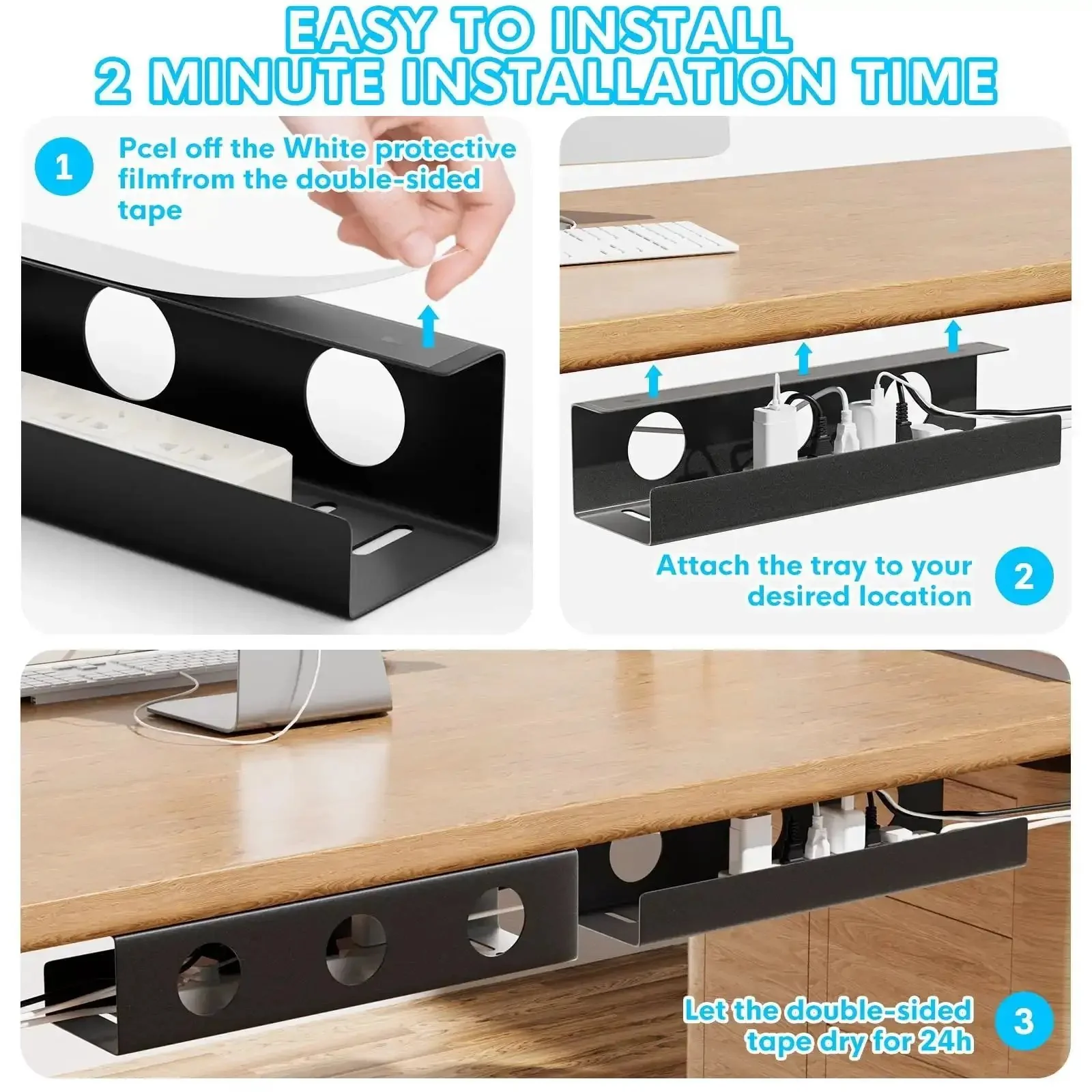 Self Adhesive Under Desk Cable Management Tray 2 Pack Steel Wire Organizer For Power Strips And Cables No Drill Needed Under Table Cable Storage Holder For Office And Home - Image 5