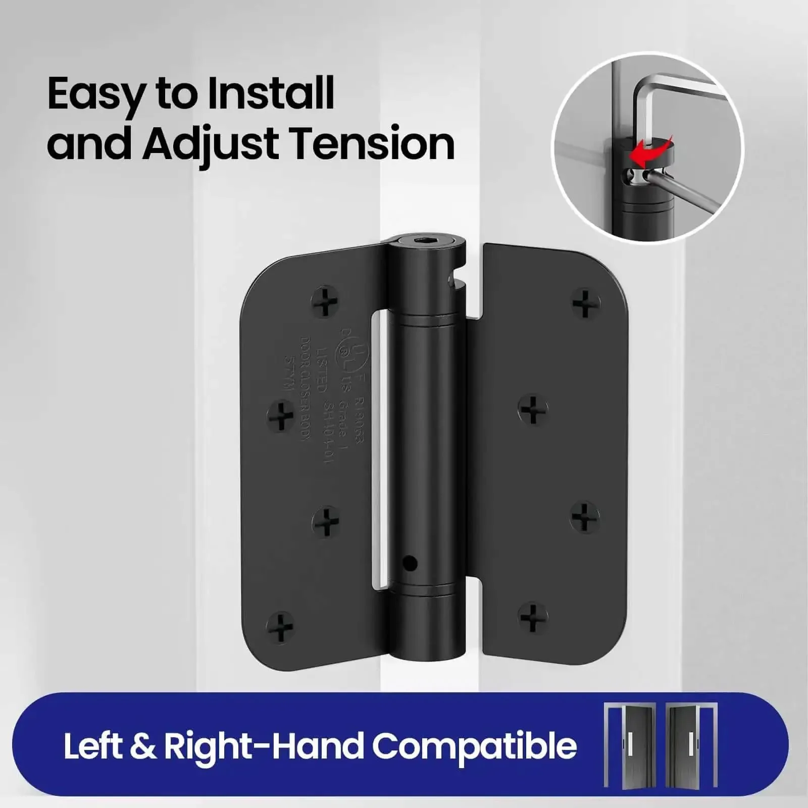 Self Closing Door Hinges 4 Inch Matte Black Spring Loaded Five Eighth Inch Radius Corners Adjustable Tension For Exterior Garage Front And Back Doors Built To Last Heavy Duty UL Listed 2 Pack - Image 5